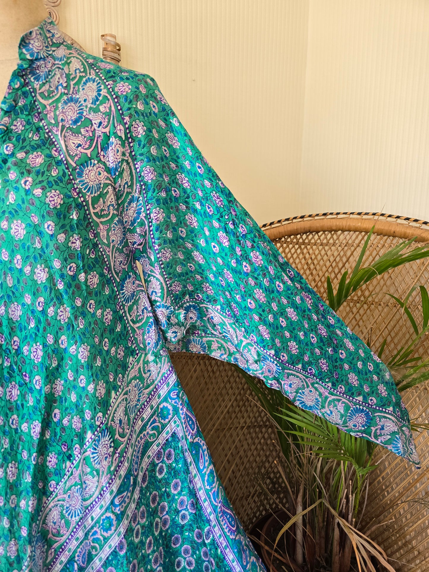 Vintage green silk Indian Mascot kaftan dress