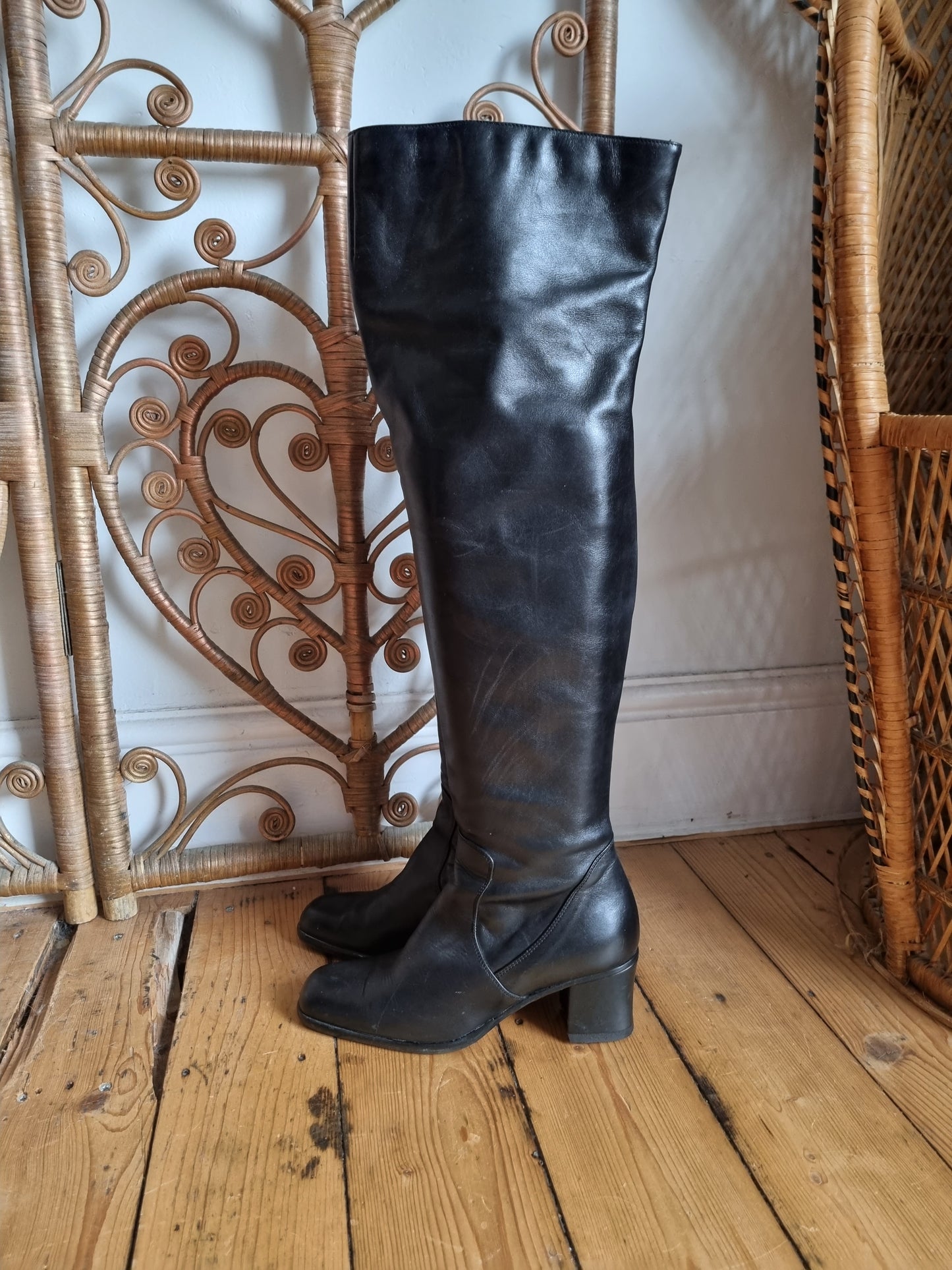 Vintage black Bally over the knee leather boots uk size 4 4.5 Eur 37 37.5 us 6 6.5