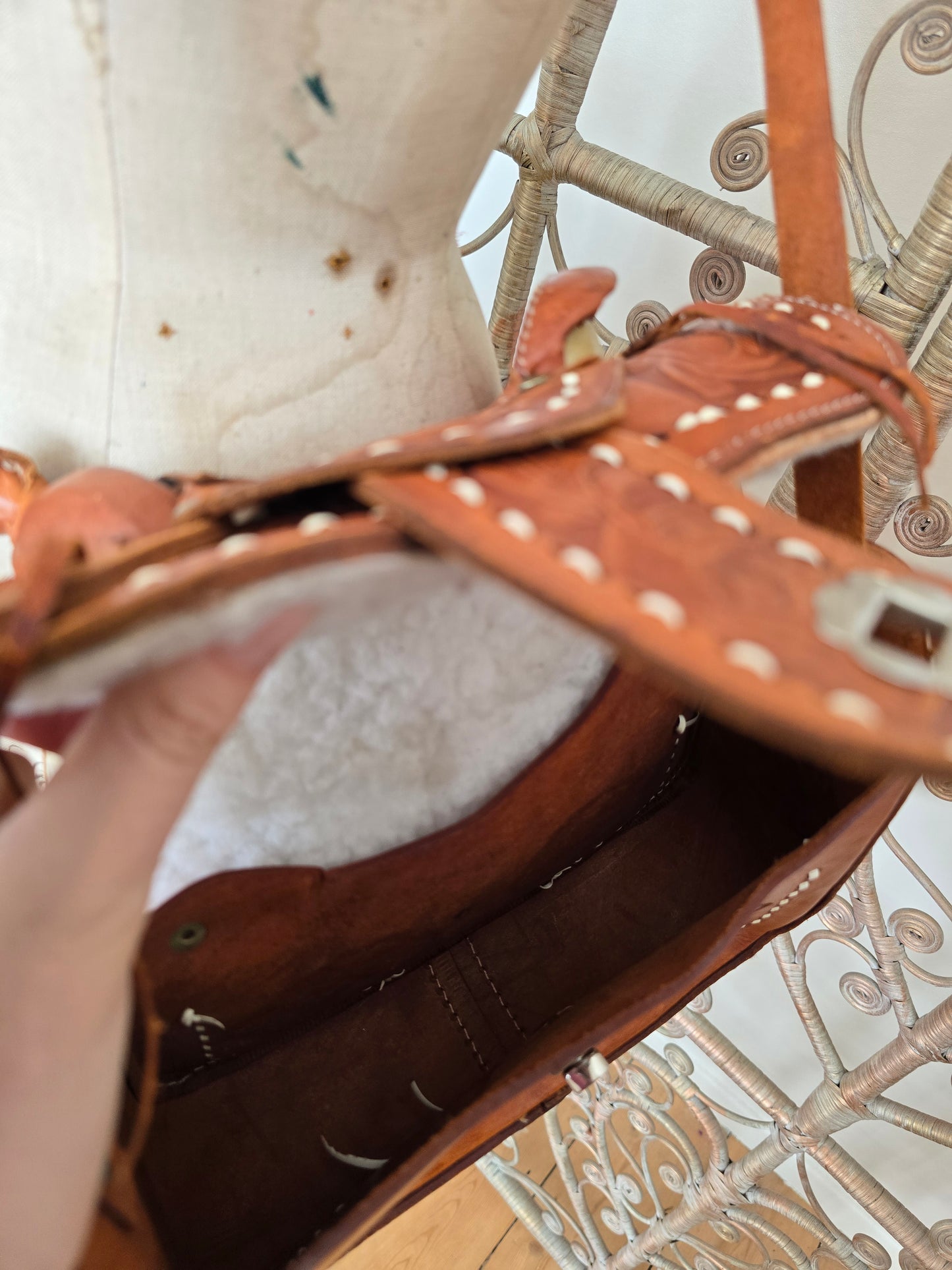 Vintage horse saddle leather tooled bag