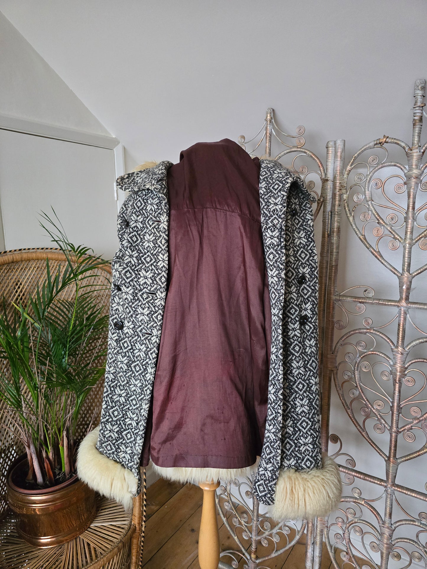 Vintage tapestry sheepskin trim coat