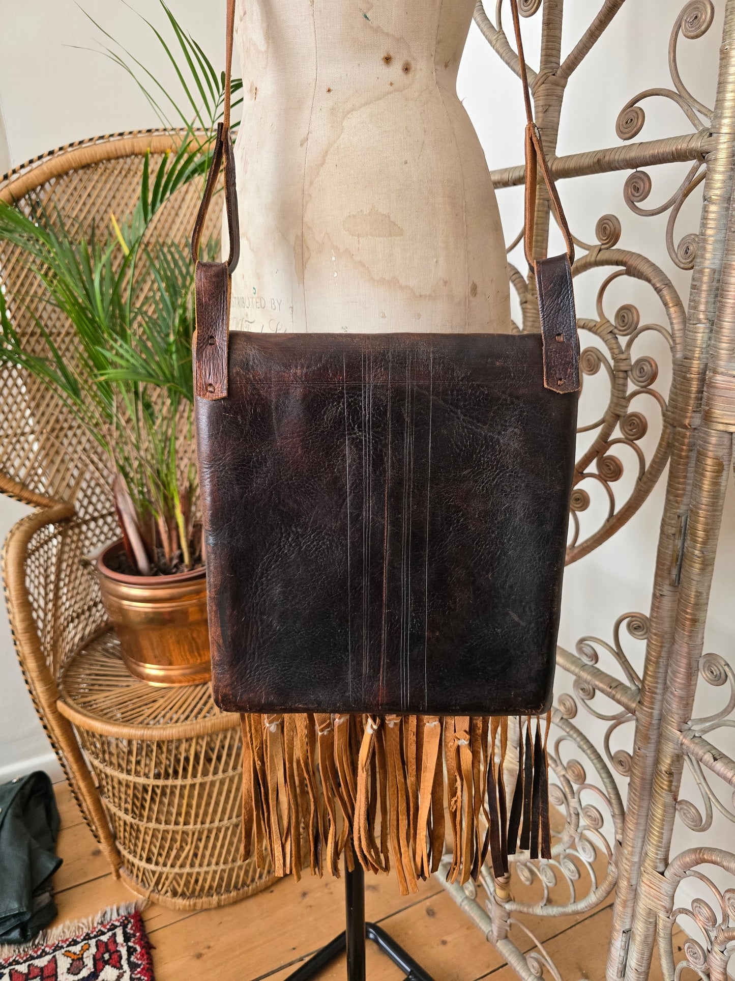 Vintage leather tooled tassel bag