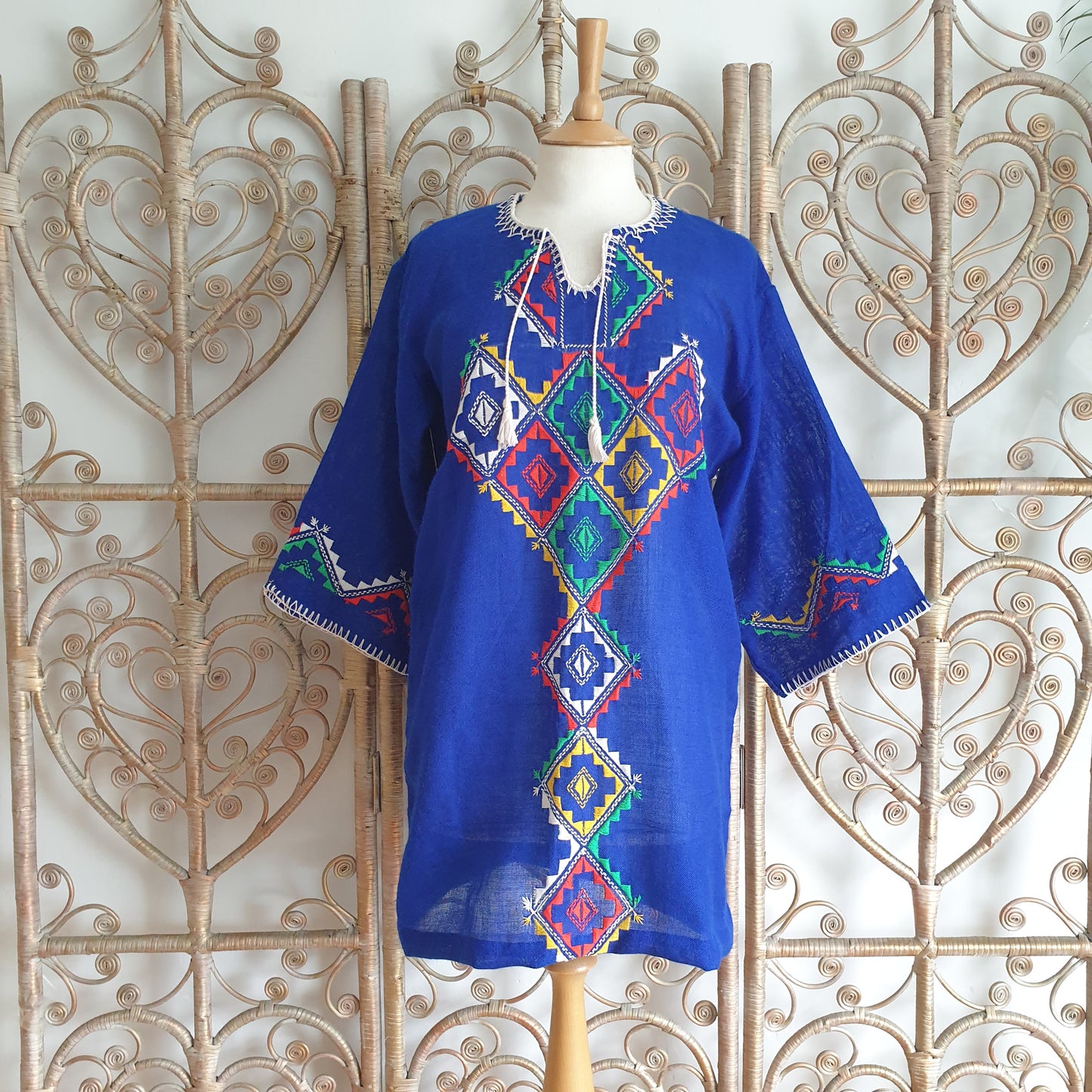 Vintage blue embroidered 70s kaftan tunic S M