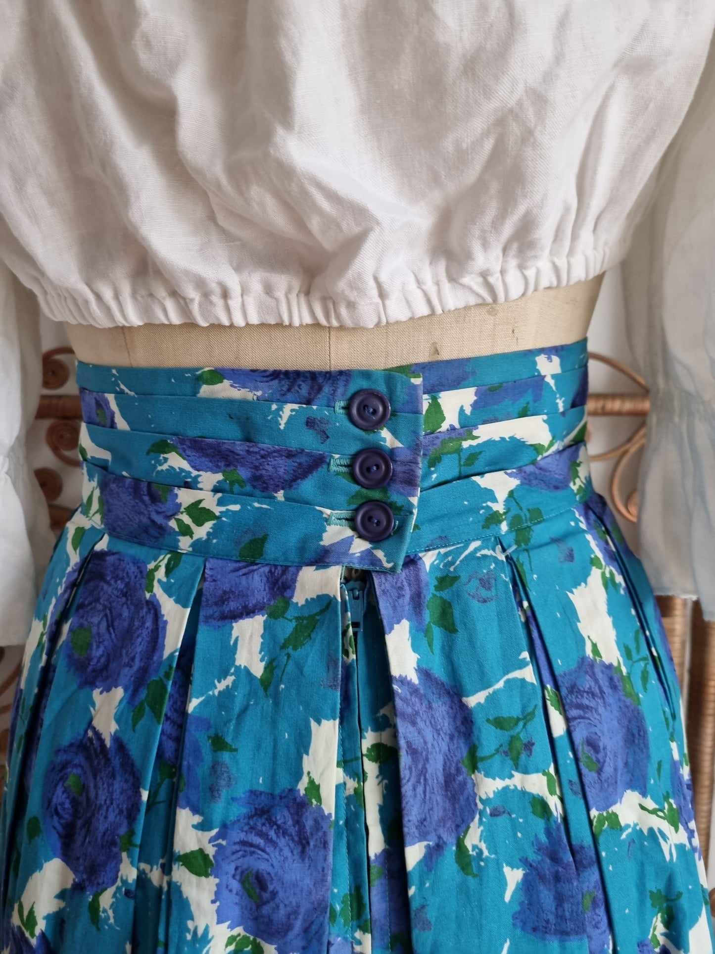 Vintage rose floral 50s midi skirt S