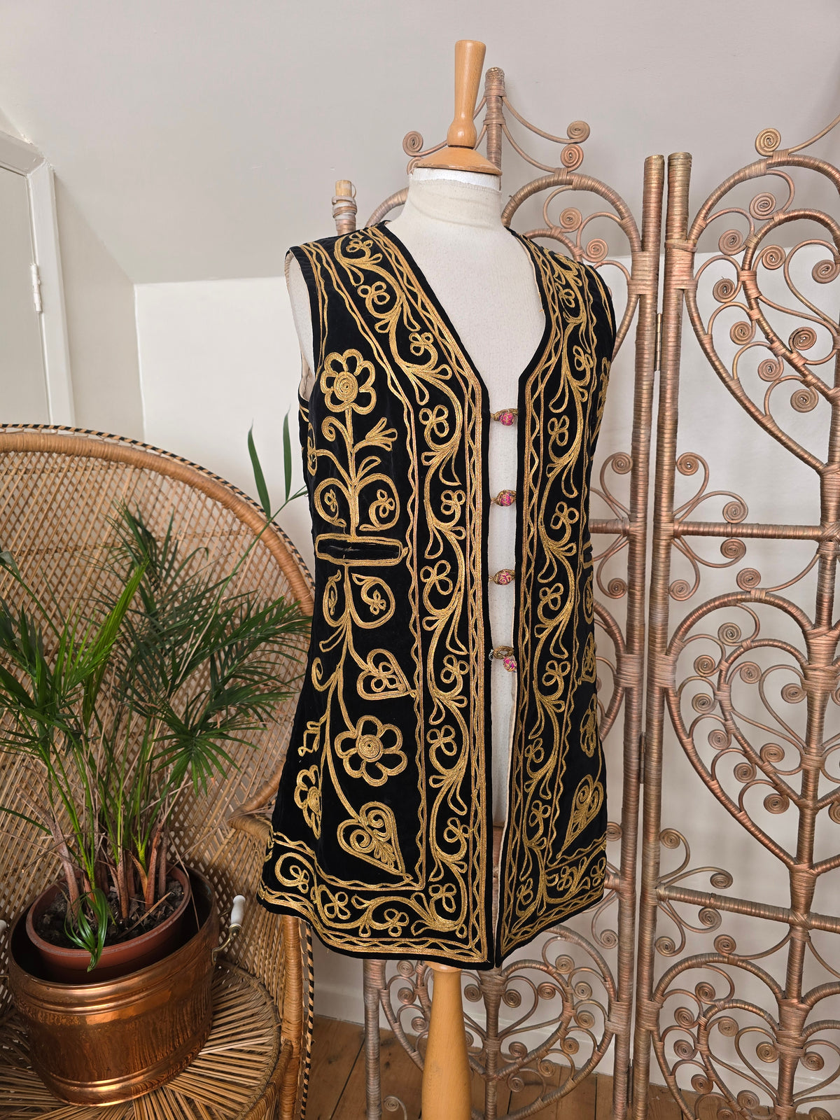 Vintage black velvet gold embroidered waistcoat