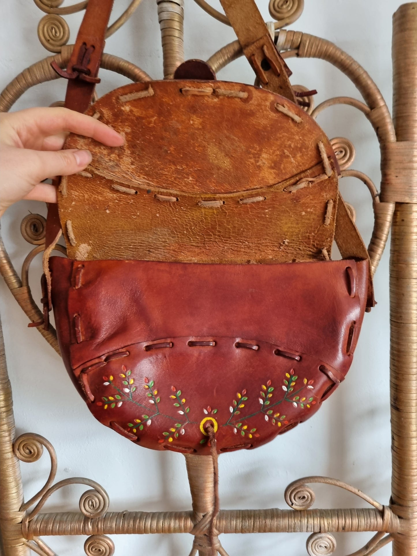 Vintage brown leather tooled bag