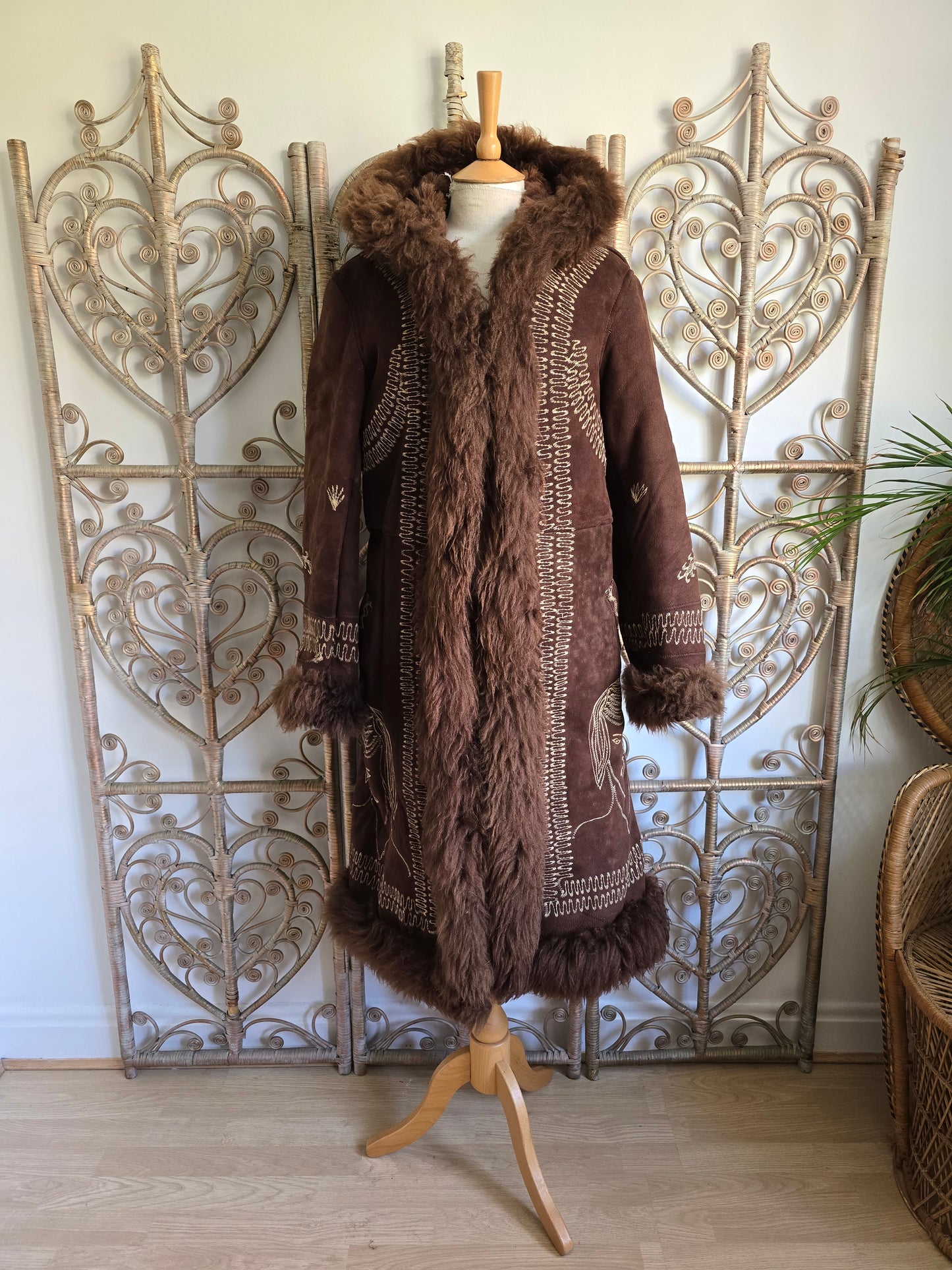 Vintage Afghan sheepskin hooded coat