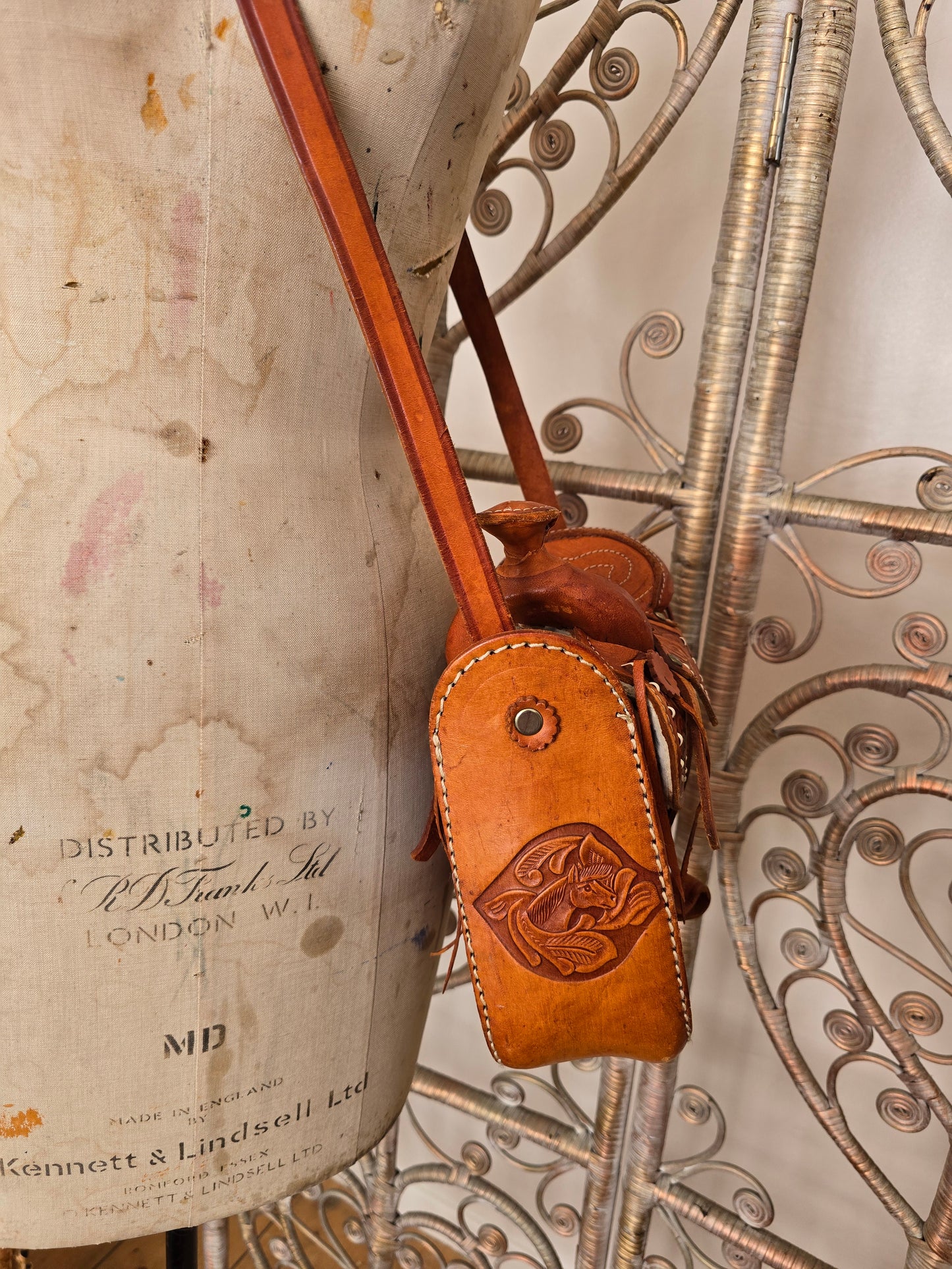Vintage horse saddle leather tooled bag