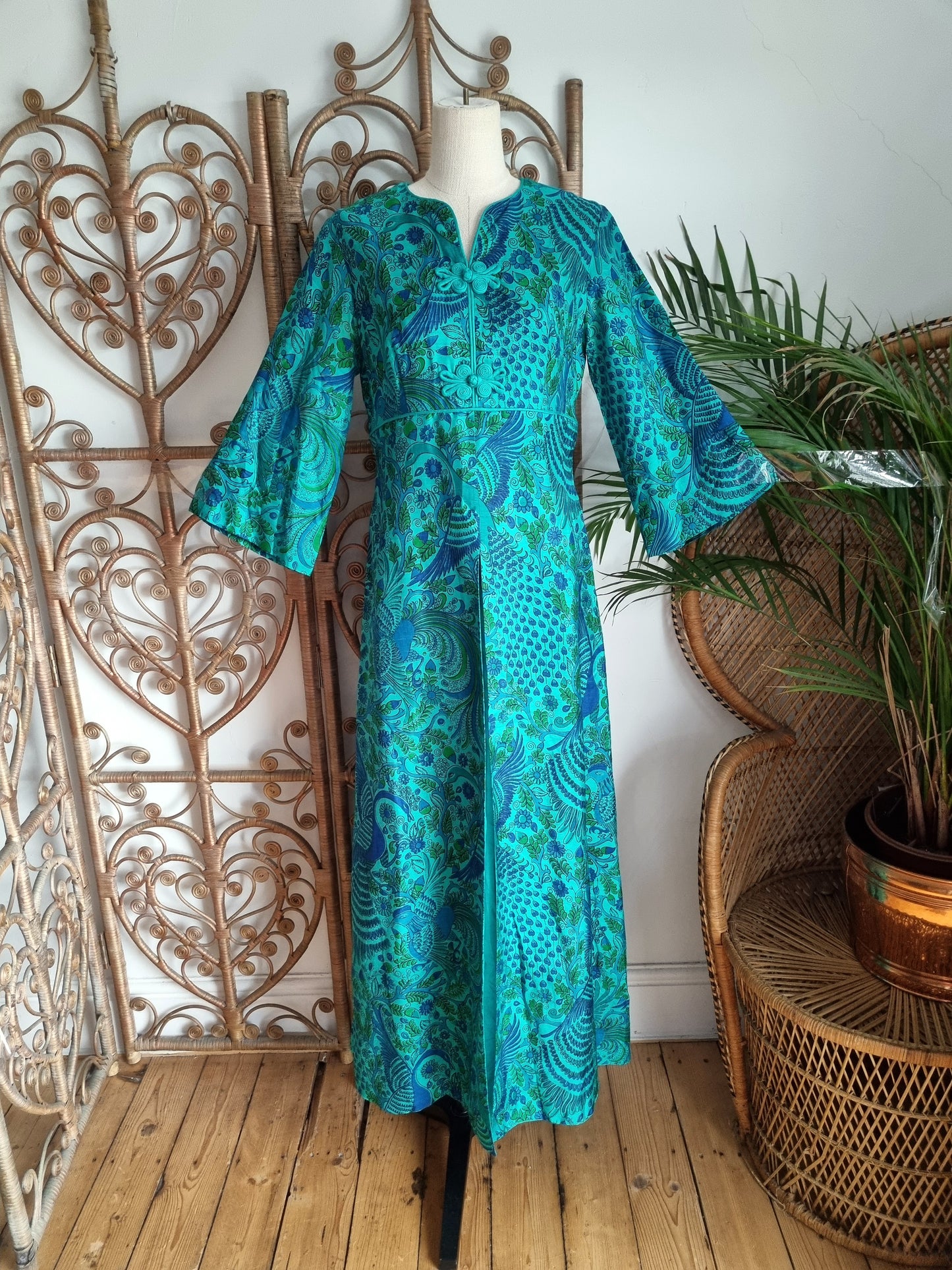 Vintage psychedelic raw silk maxi dress S