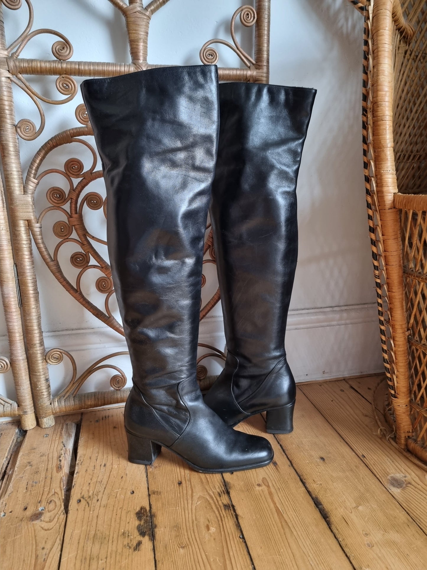 Vintage black Bally over the knee leather boots uk size 4 4.5 Eur 37 37.5 us 6 6.5