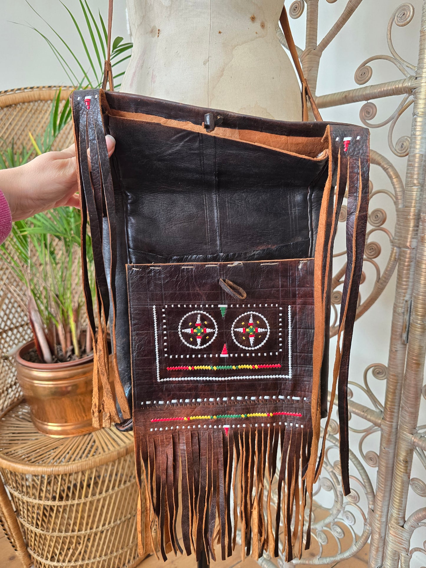 Vintage leather tooled tassel bag