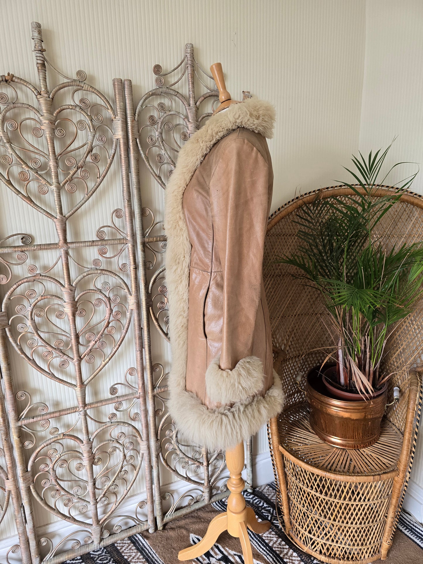 Vintage sheepskin trim leather coat