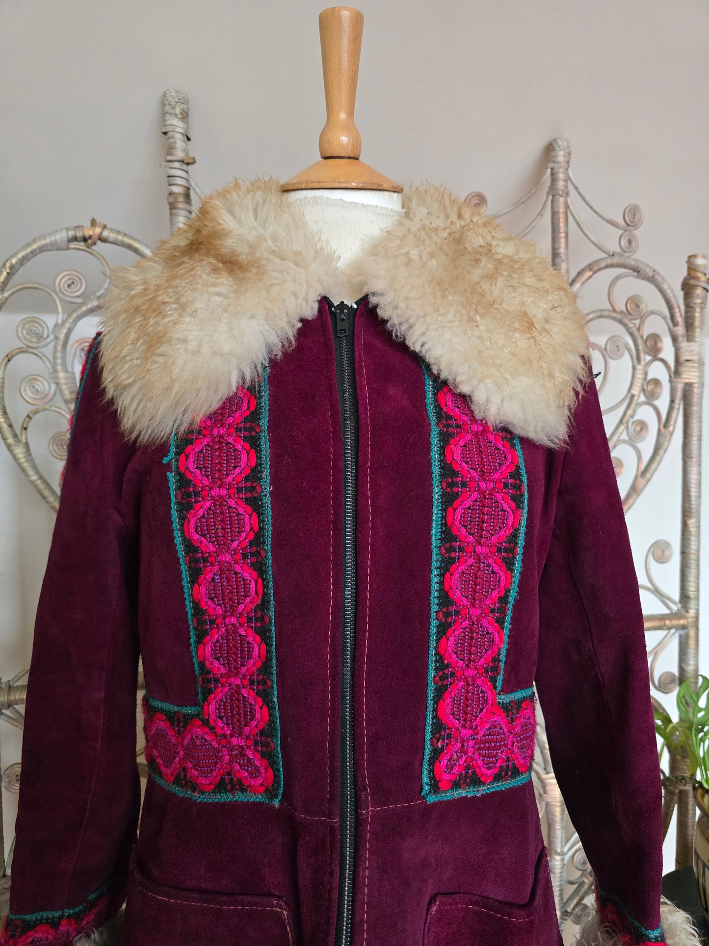 Vintage suede Sheepskin collar cuff coat