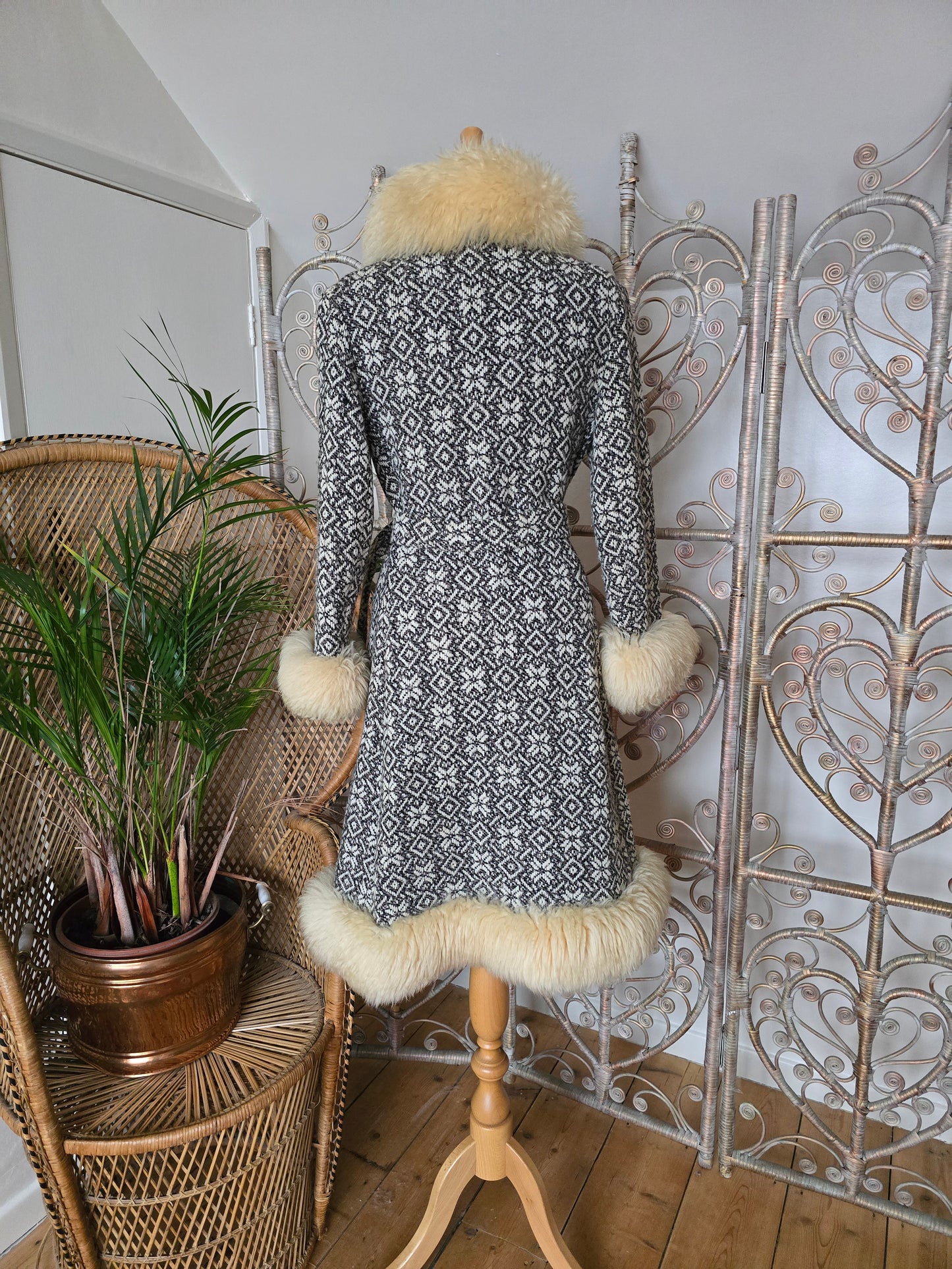 Vintage tapestry sheepskin trim coat