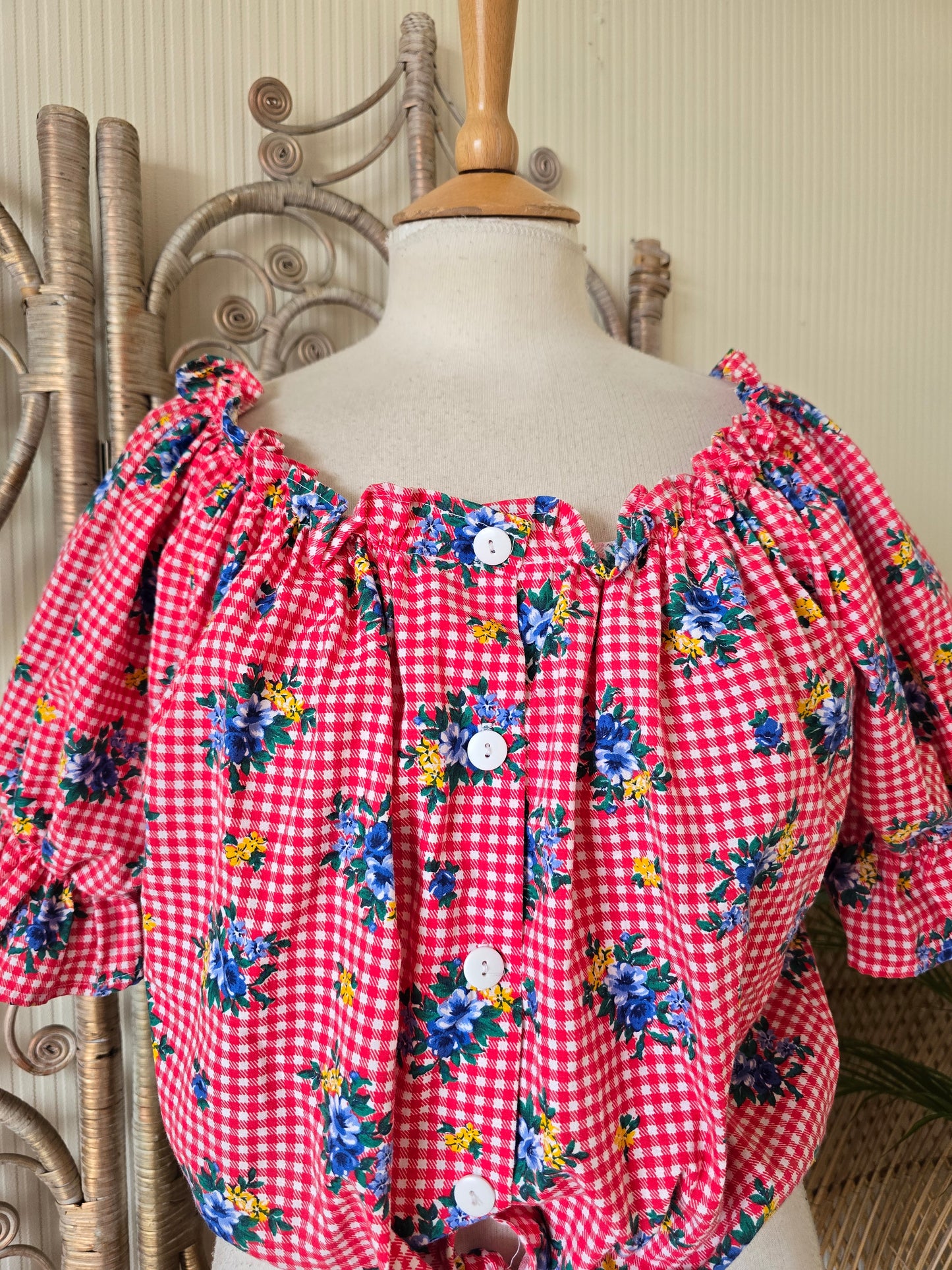 Vintage check tie off shoulders blouse L XL