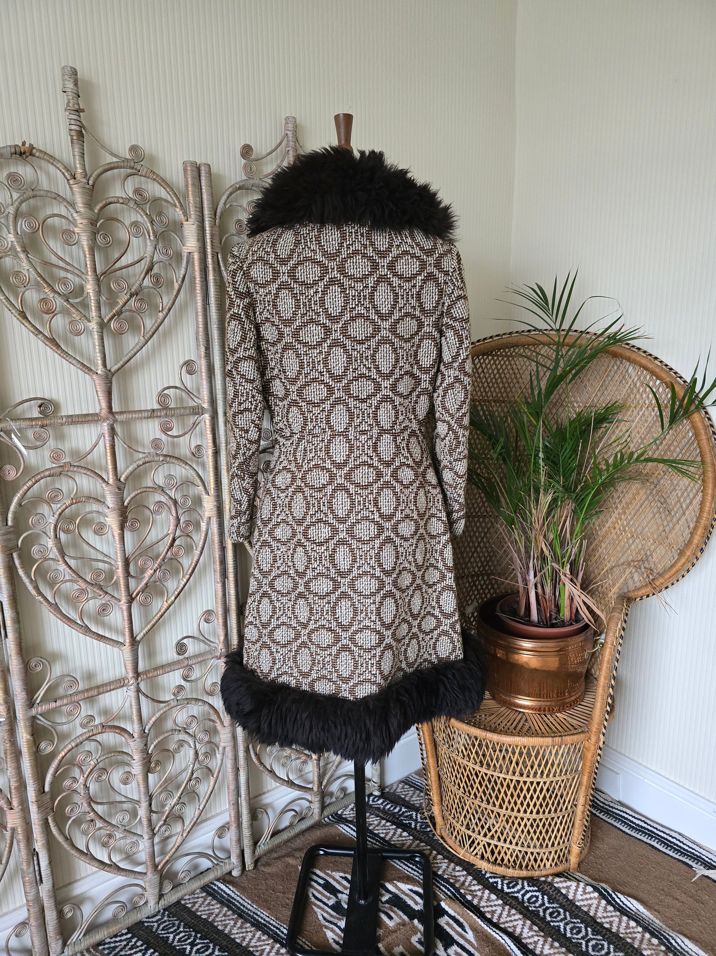Vintage tapestry sheepskin trim coat