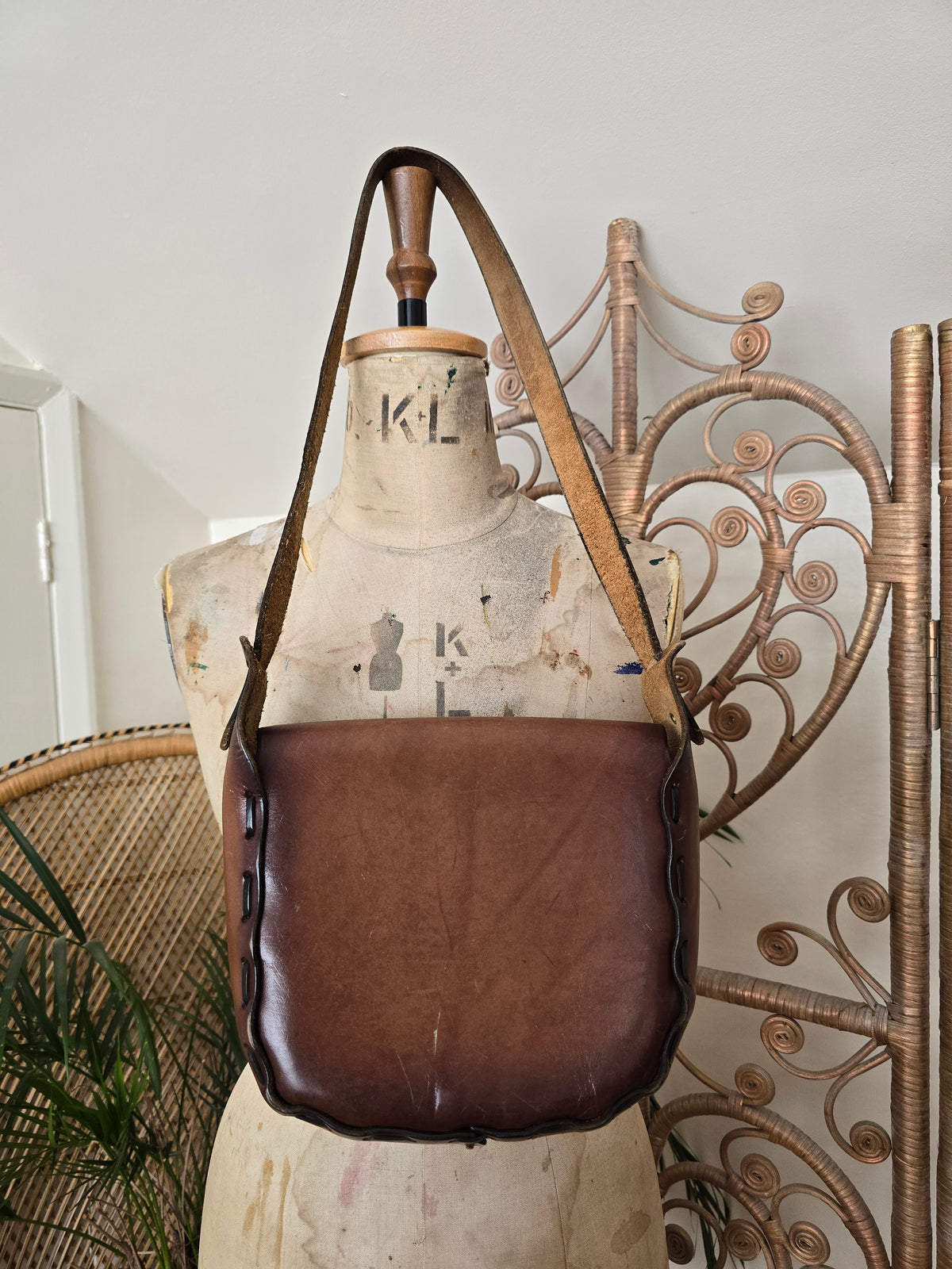 Vintage mushroom frog tooled leather bag