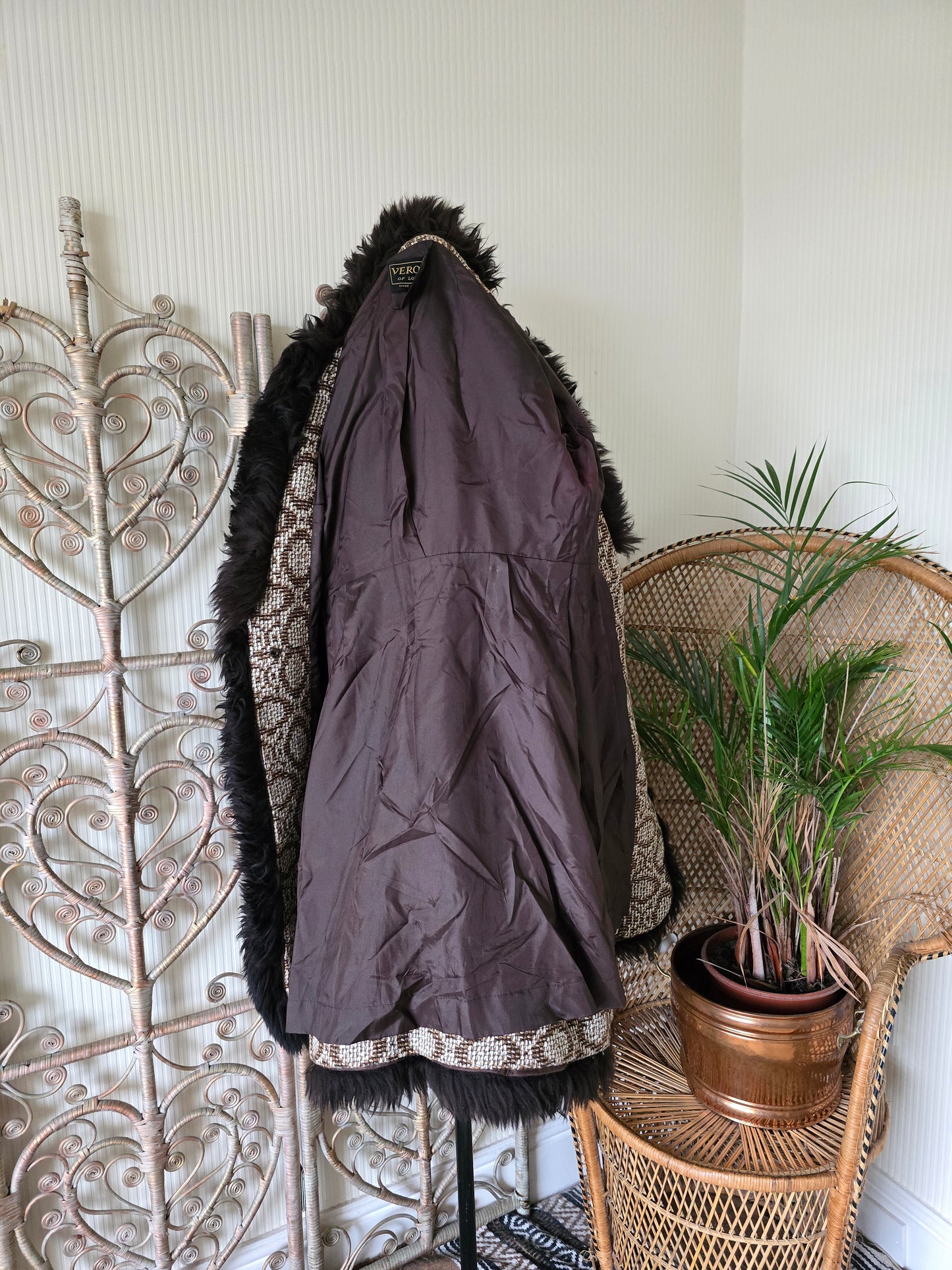 Vintage tapestry sheepskin trim coat