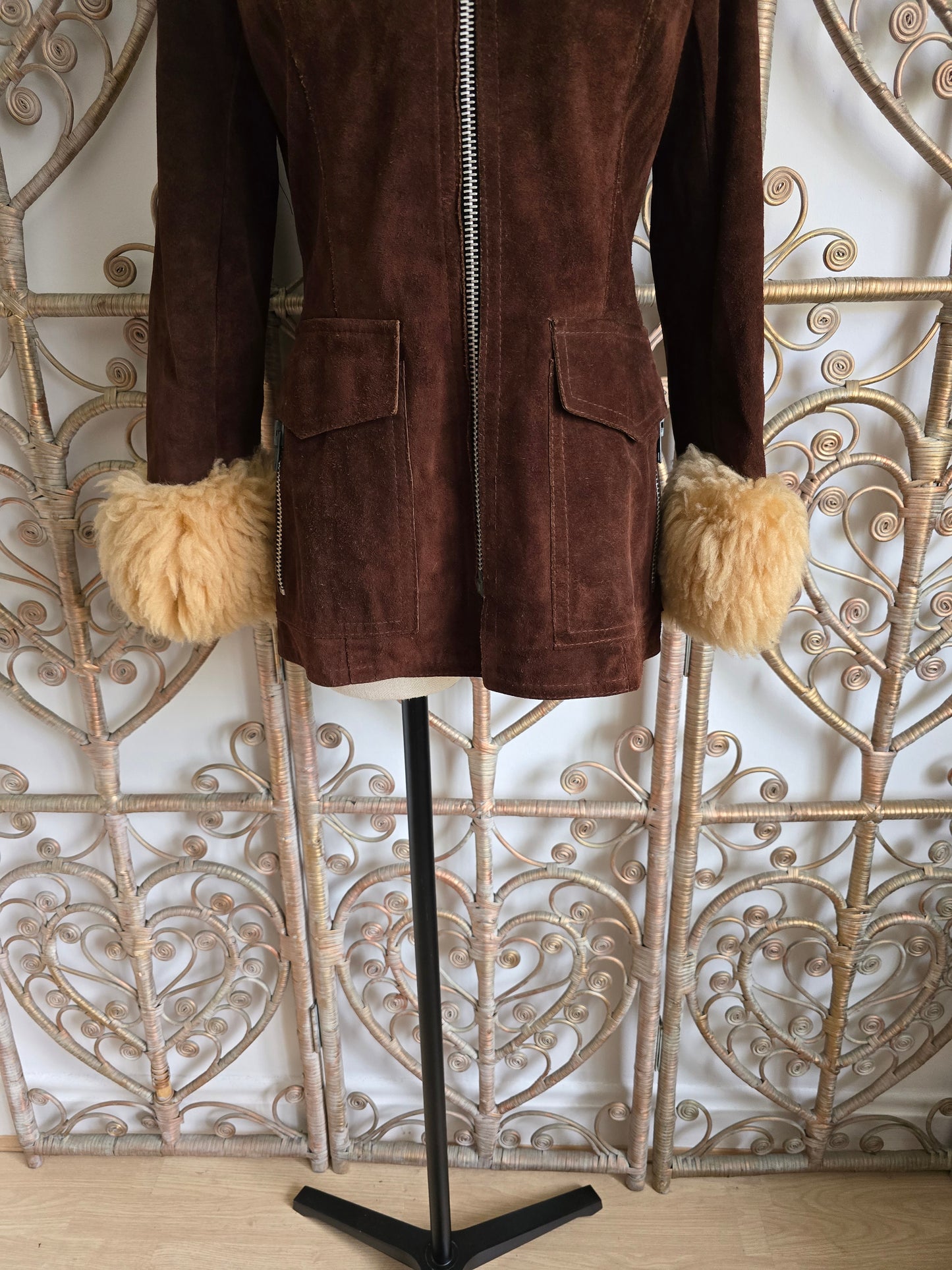 Vintage suede Sheepskin collar cuffs coat XS S