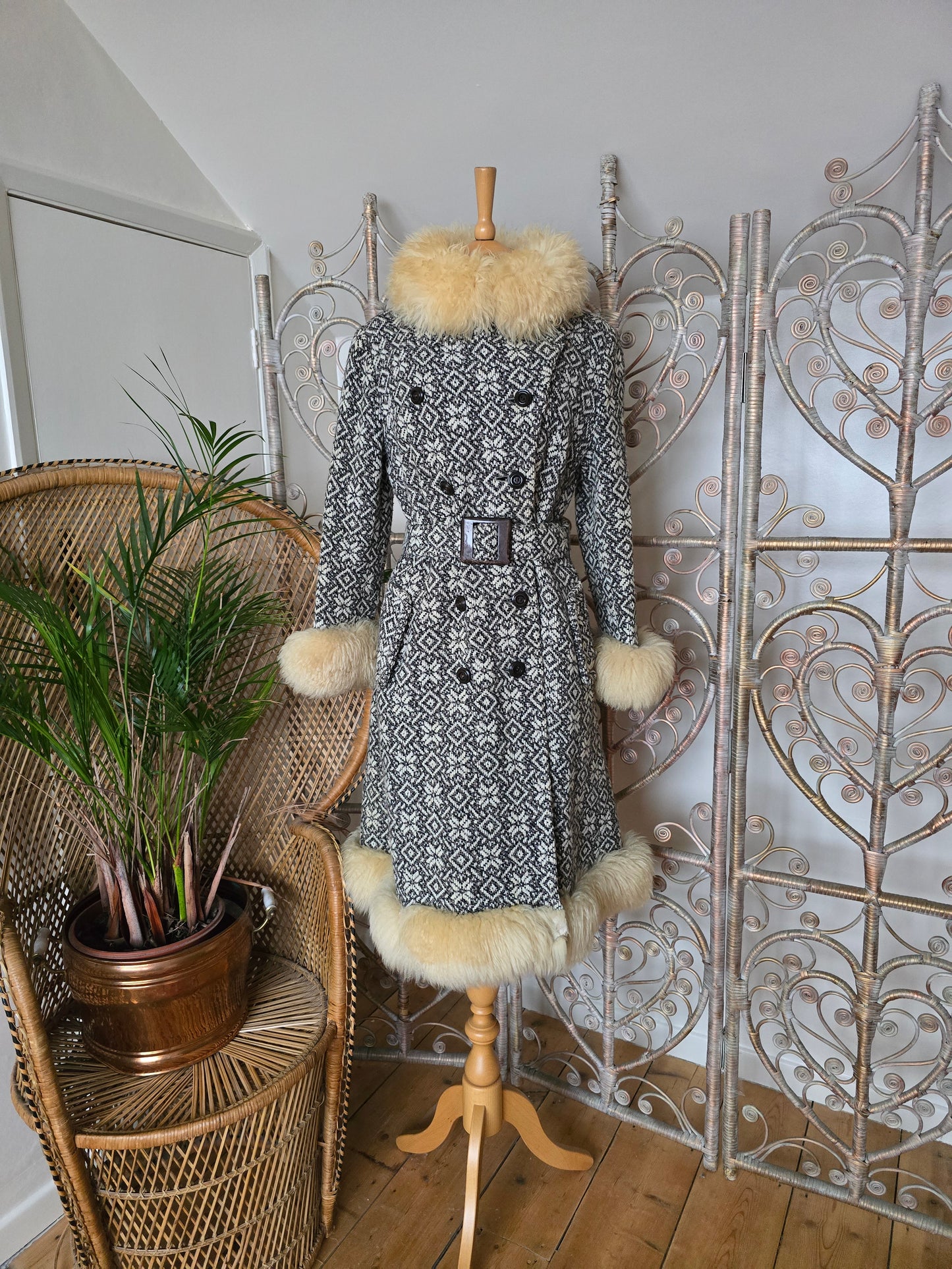 Vintage tapestry sheepskin trim coat
