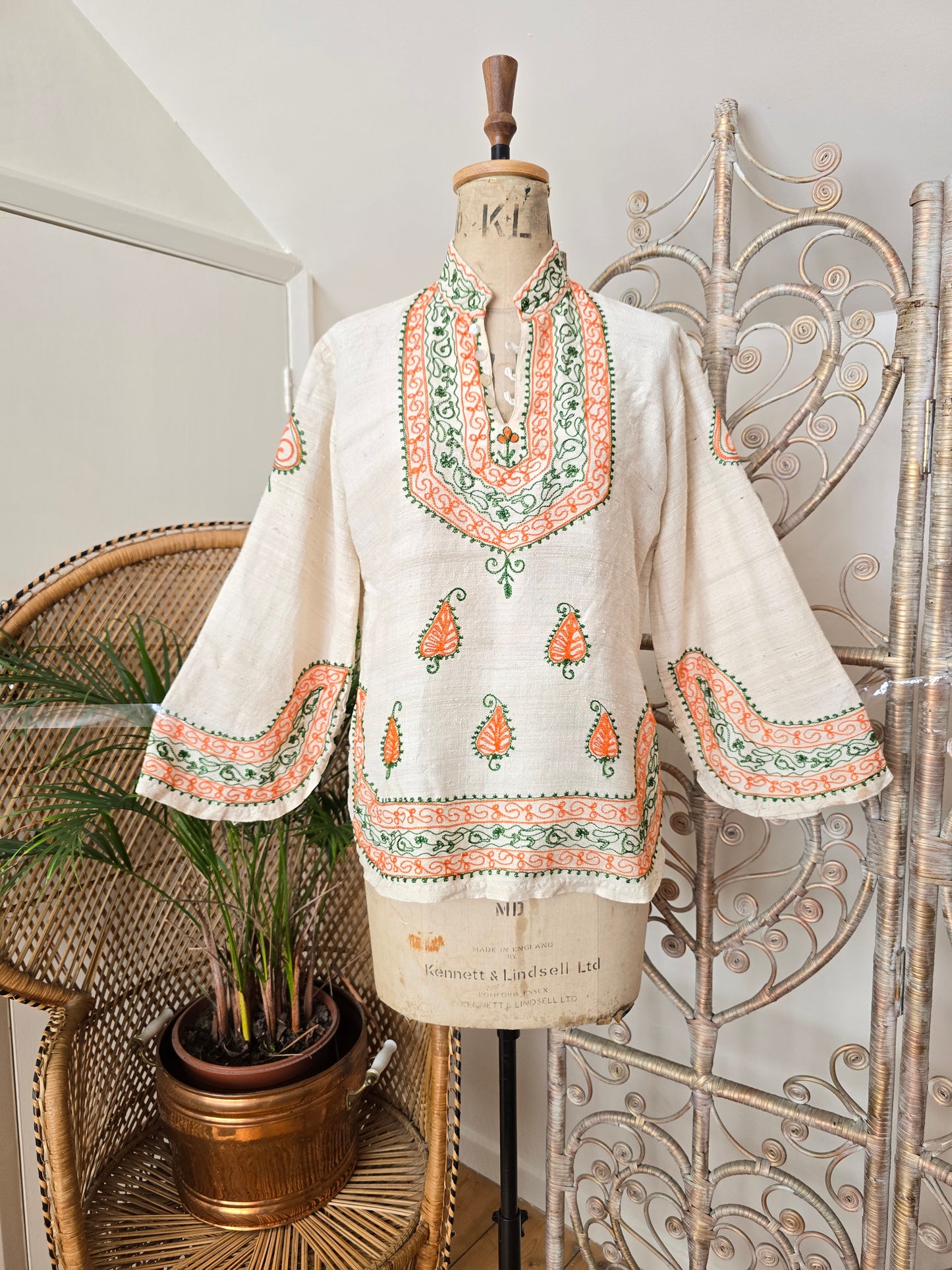Vintage raw silk embroidered kaftan blouse