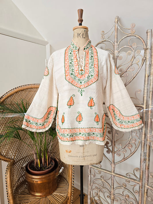 Vintage raw silk embroidered kaftan blouse