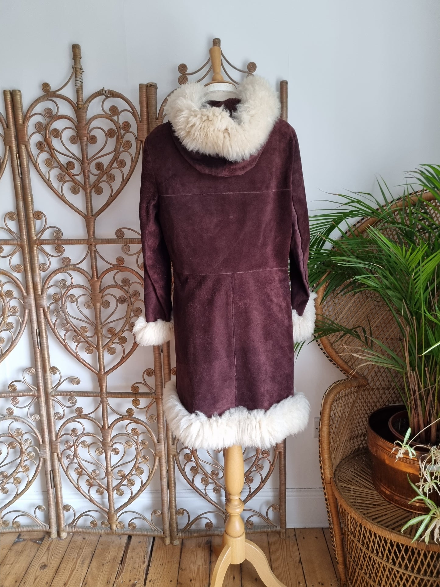 Vintage Sheepskin trim suede hooded 70s coat