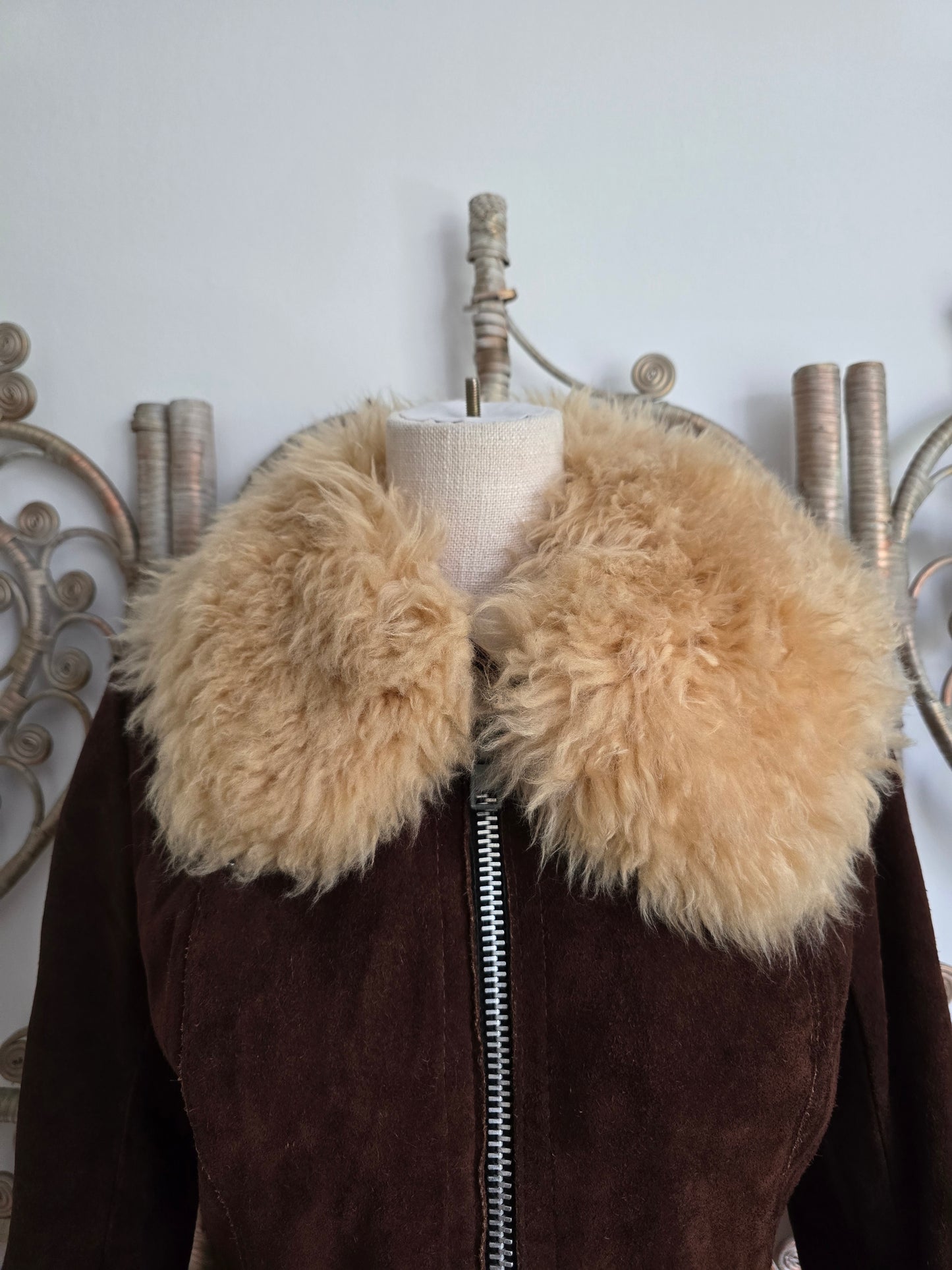 Vintage suede Sheepskin collar cuffs coat XS S