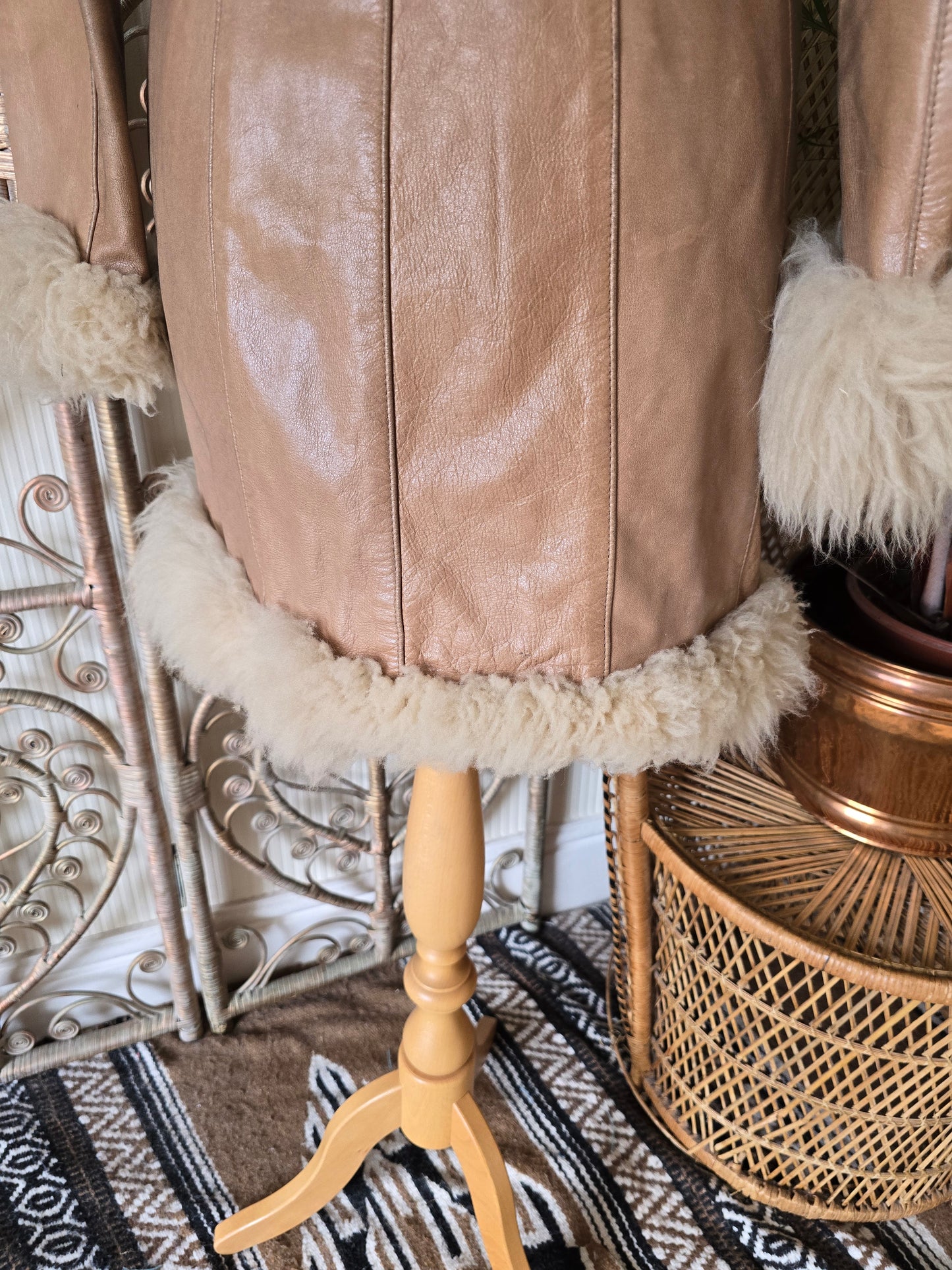 Vintage sheepskin trim leather coat