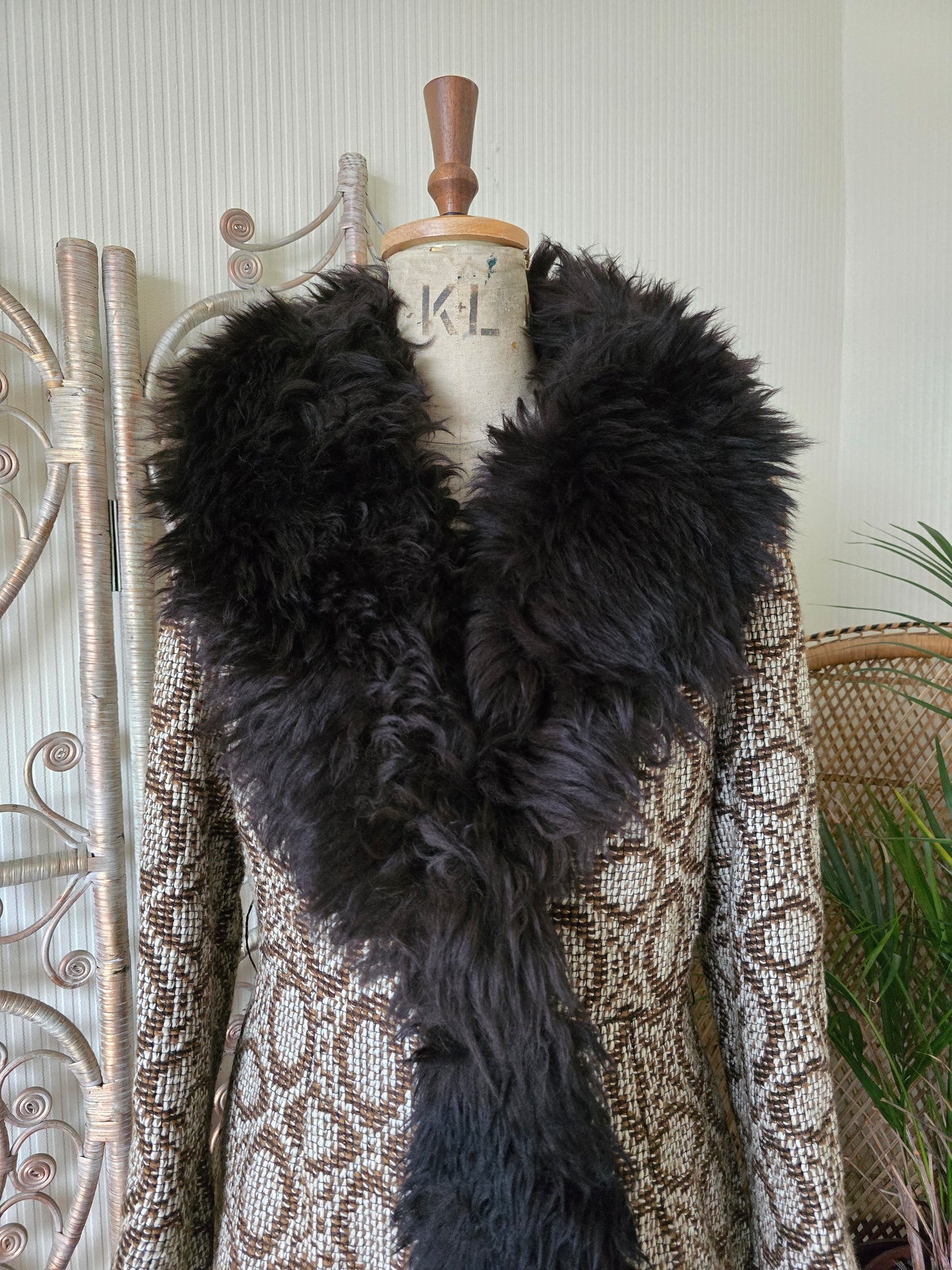 Vintage tapestry sheepskin trim coat