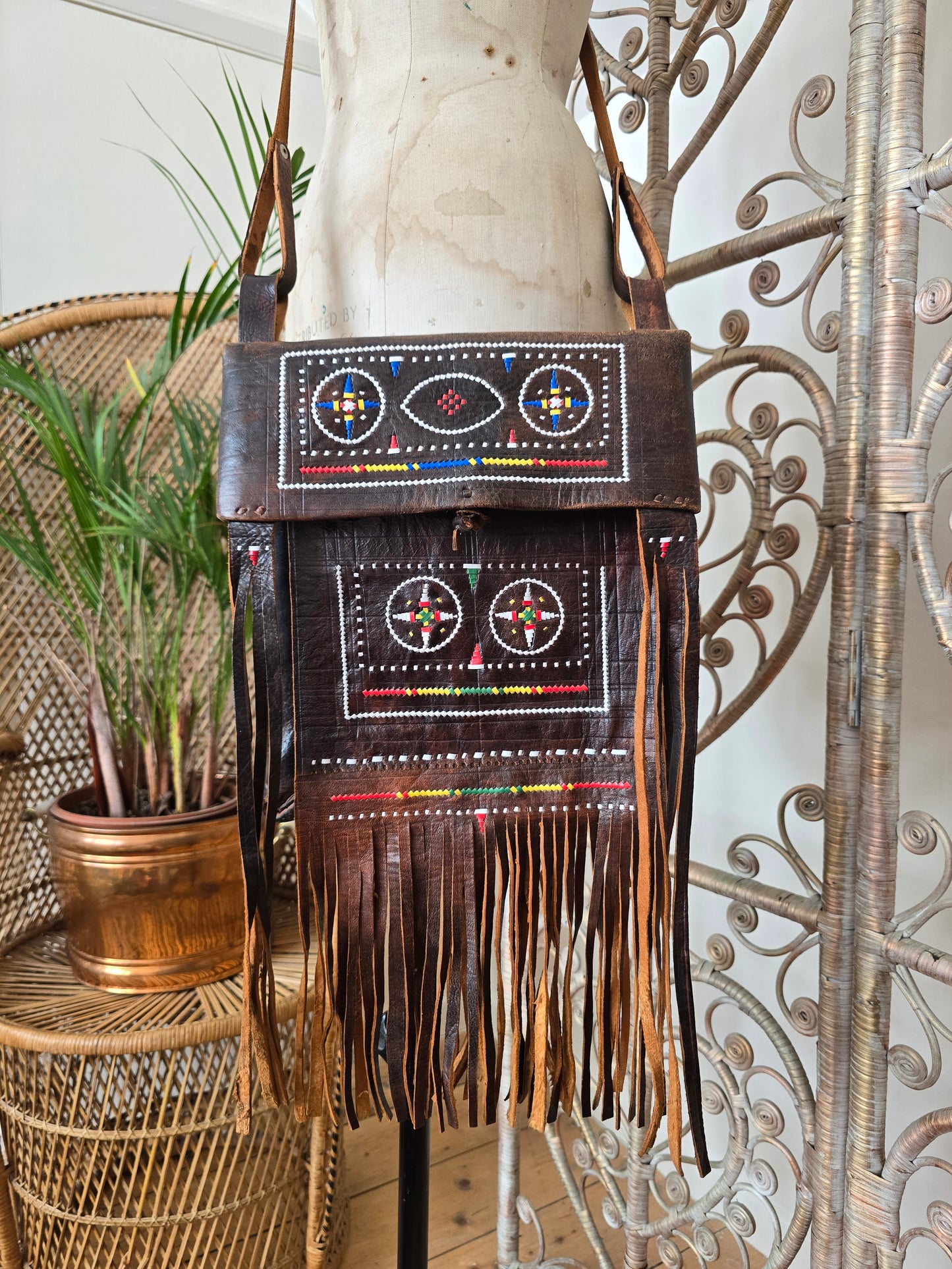 Vintage leather tooled tassel bag