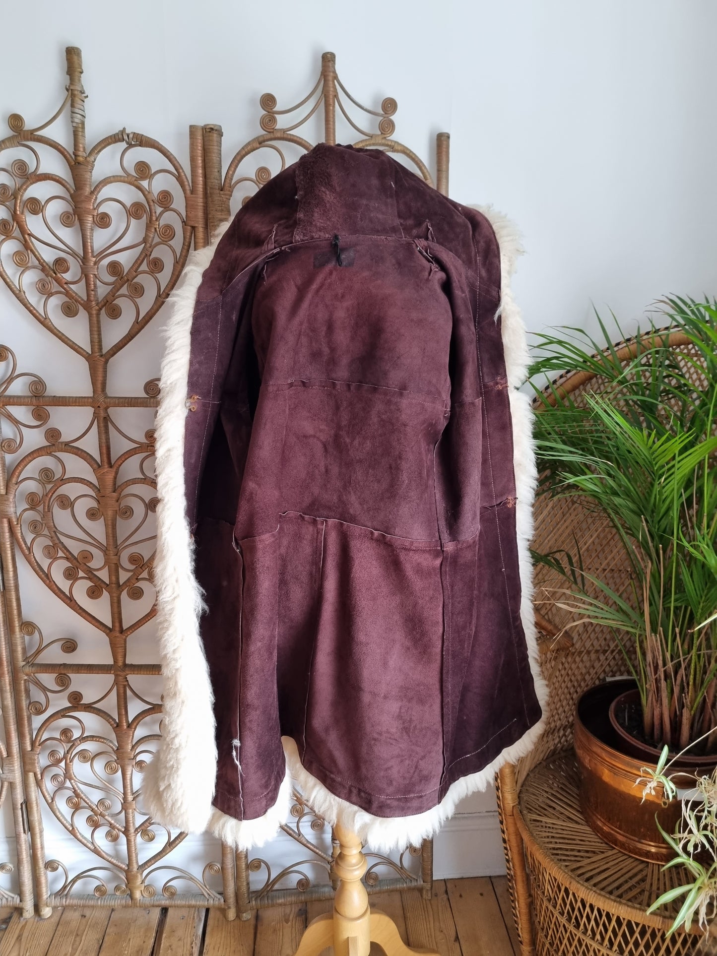 Vintage Sheepskin trim suede hooded 70s coat