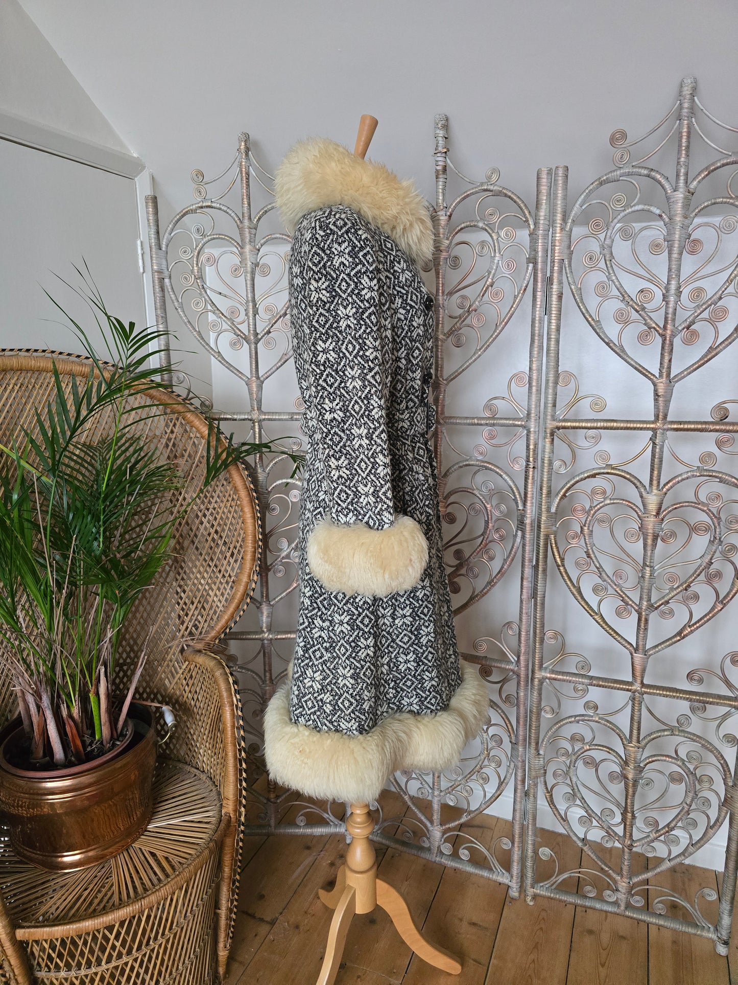 Vintage tapestry sheepskin trim coat