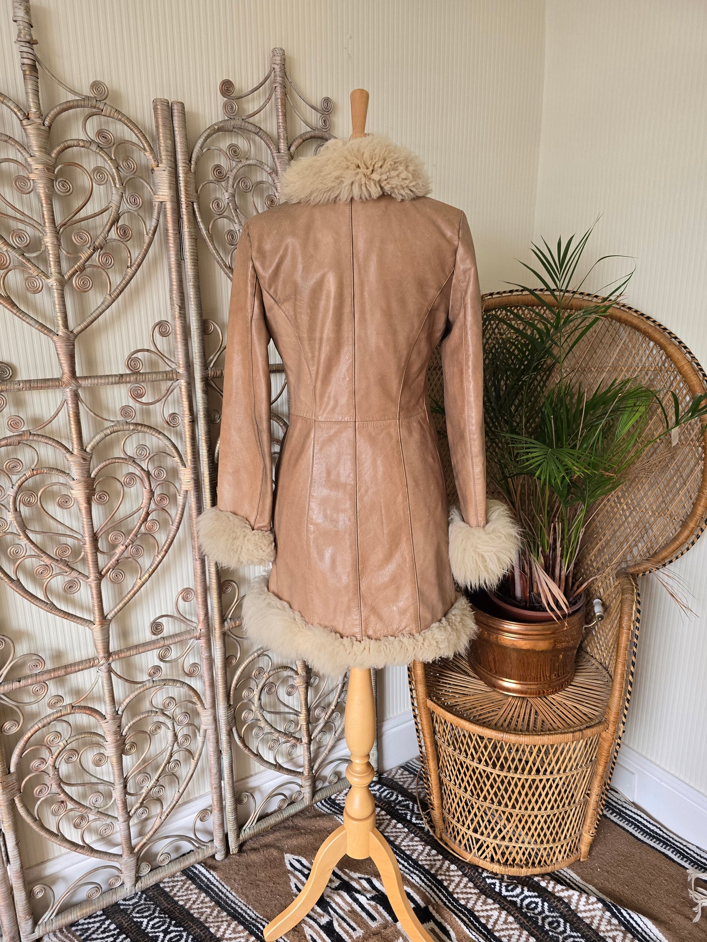 Vintage sheepskin trim leather coat