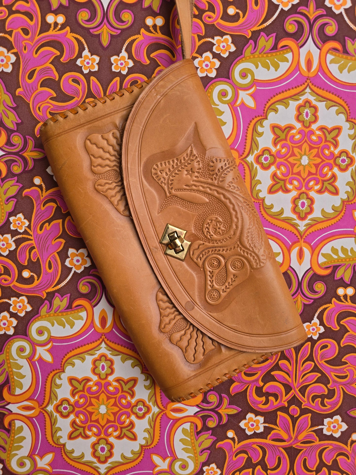 Vintage leather tooled clutch bag