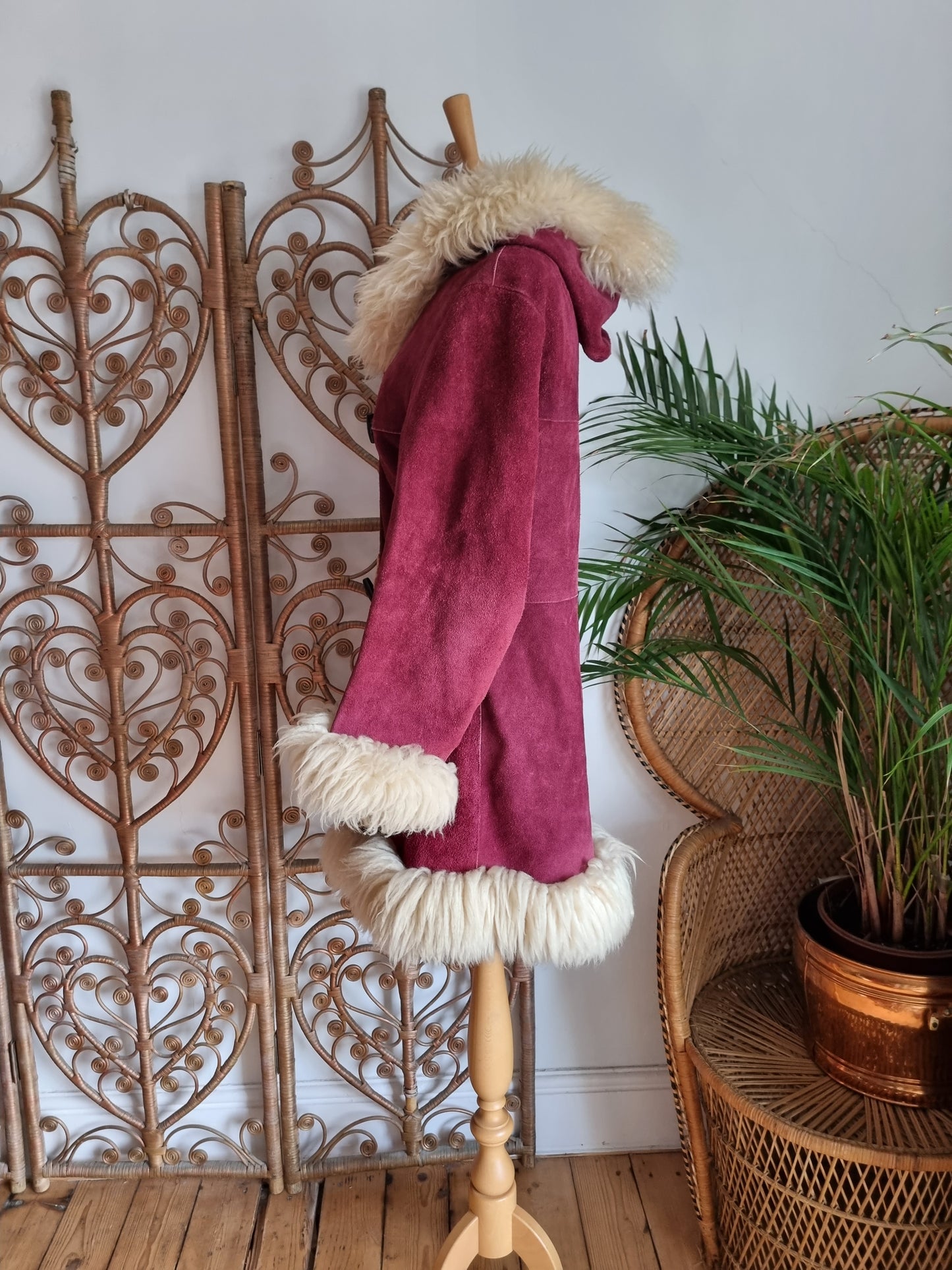 Vintage Sheepskin suede hooded 70s coat