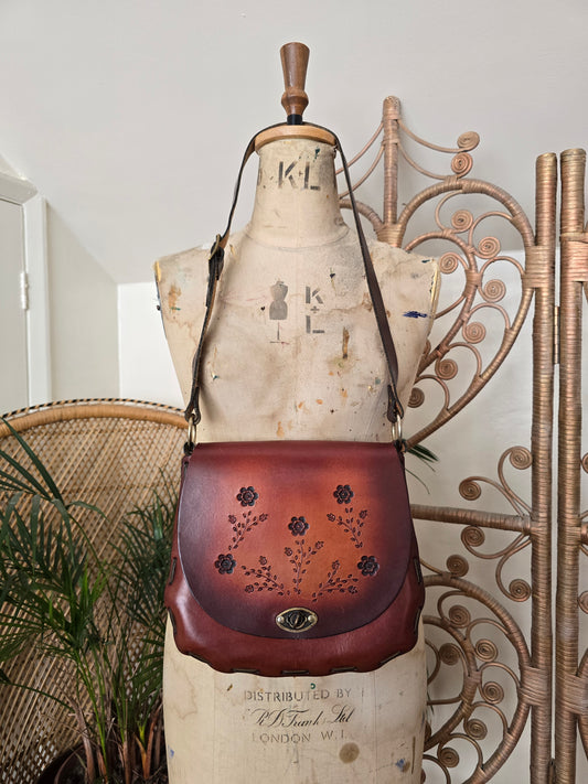 Vintage flower tooled leather bag