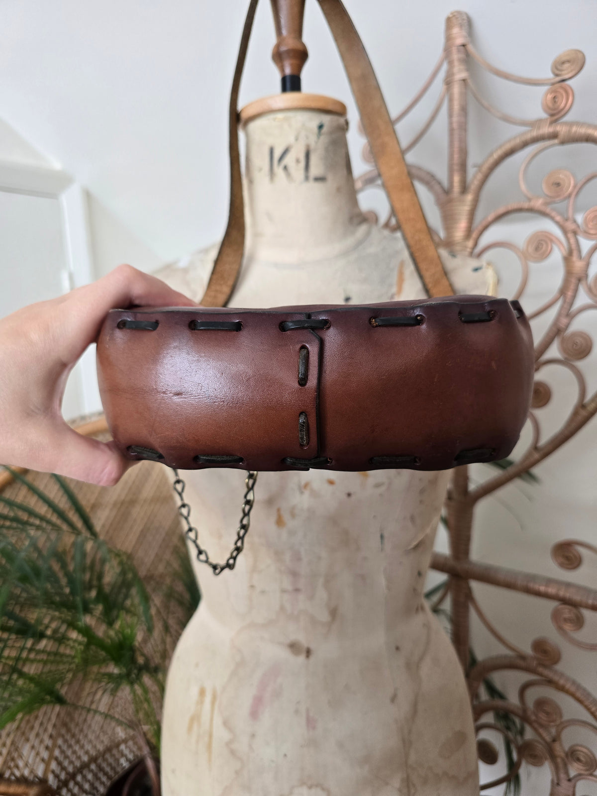 Vintage mushroom frog tooled leather bag