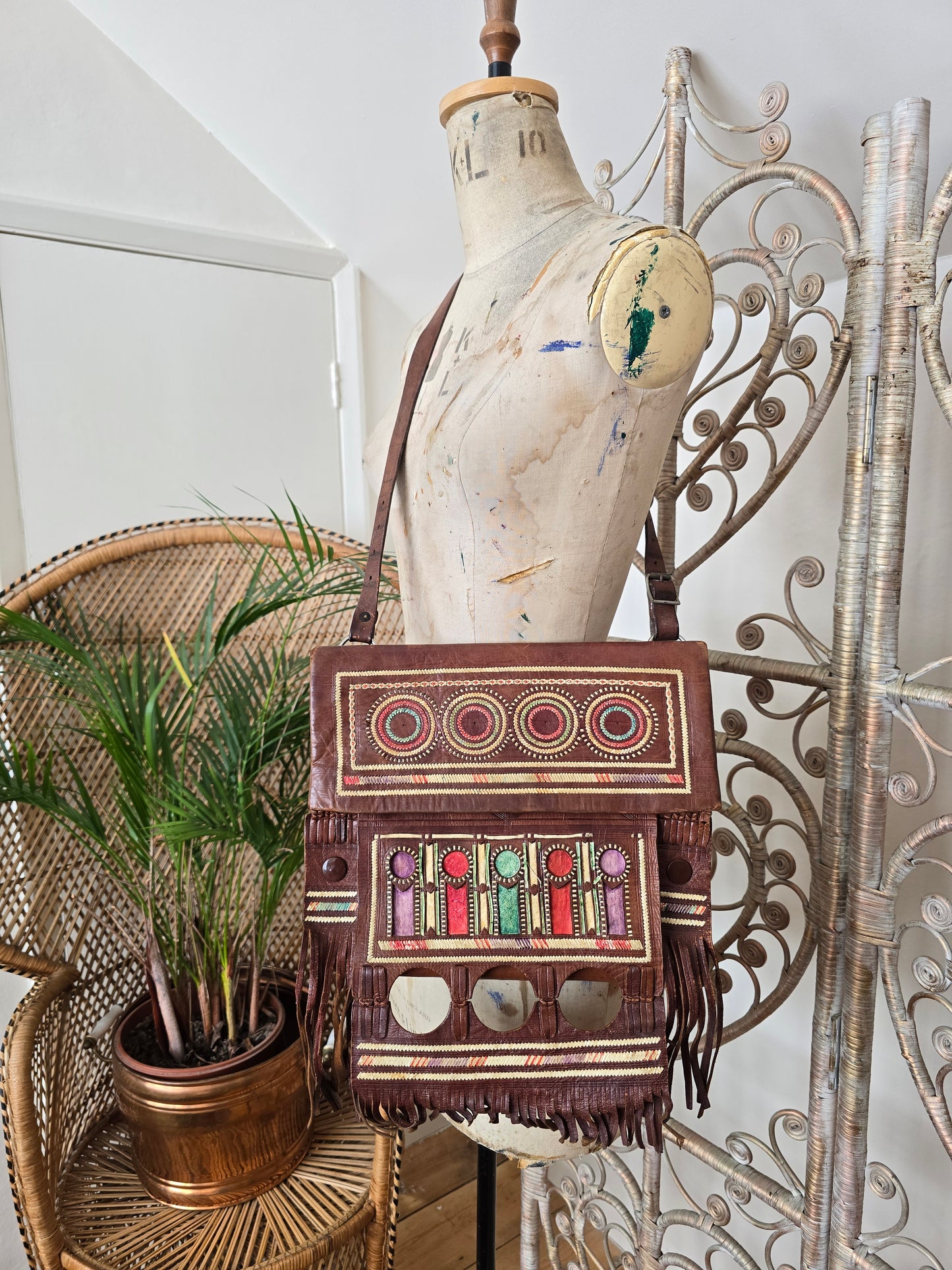 Vintage leather tooled fringe bag
