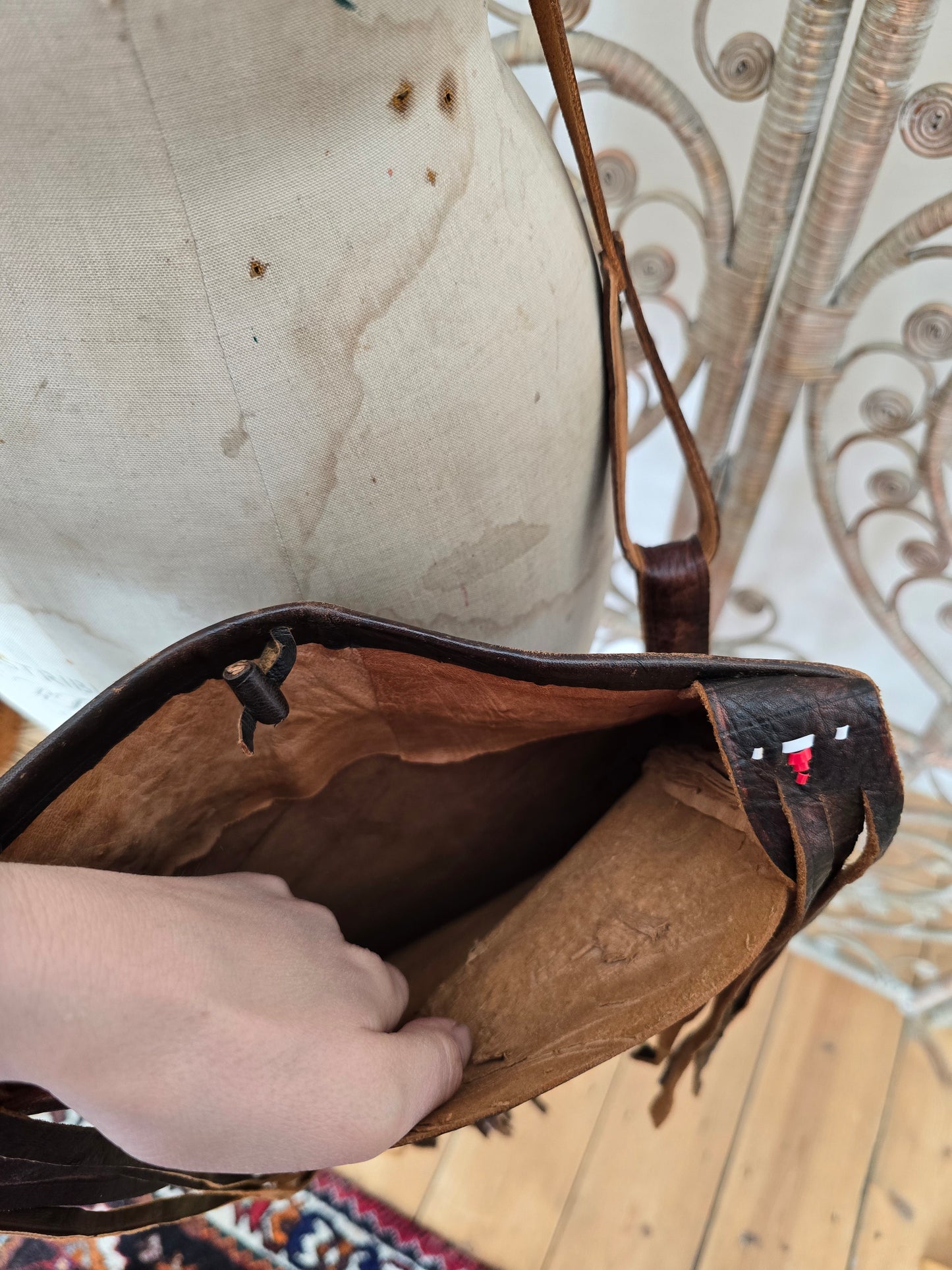 Vintage leather tooled tassel bag