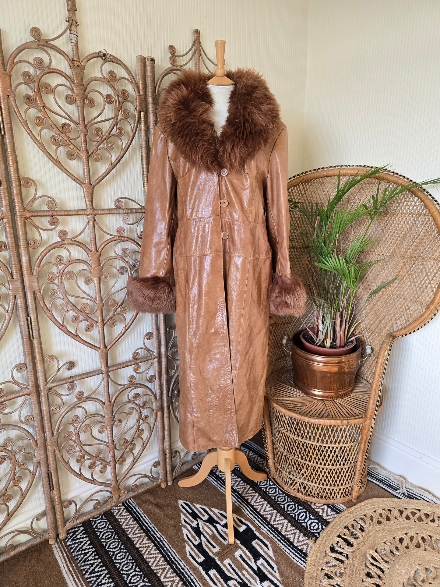 Vintage leather Sheepskin collar coat L