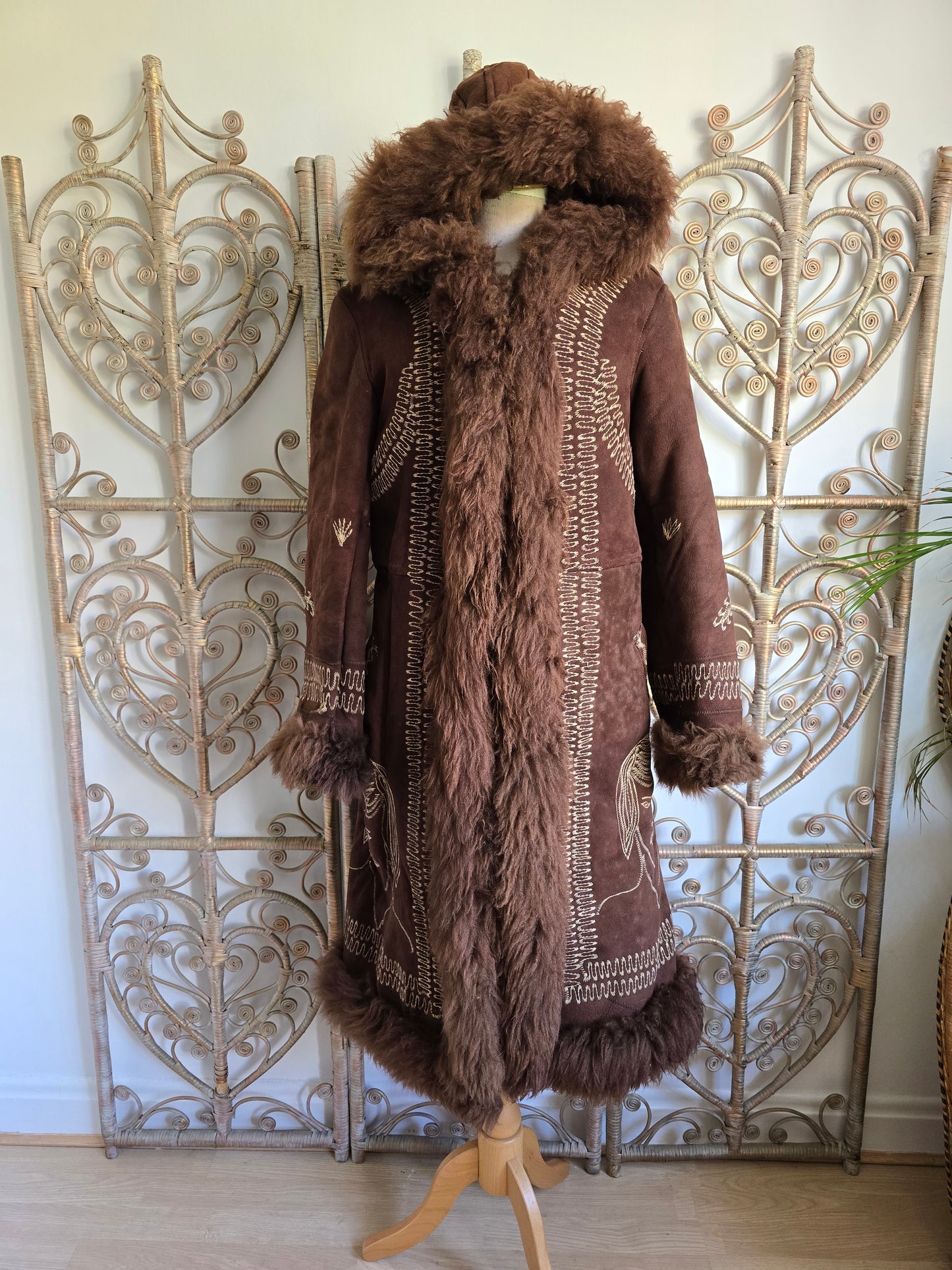 Vintage Afghan sheepskin hooded coat