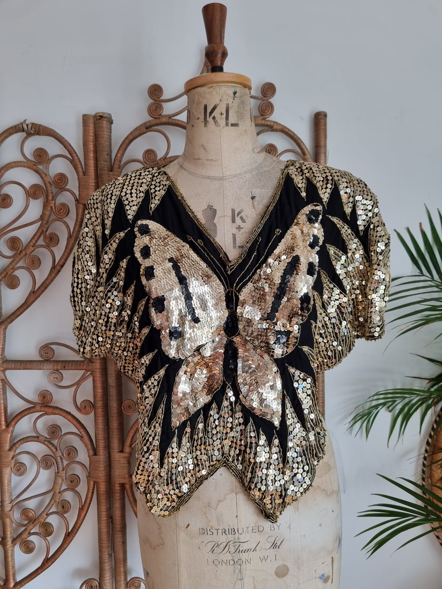Vintage butterfly sequinned silk 80s blouse S