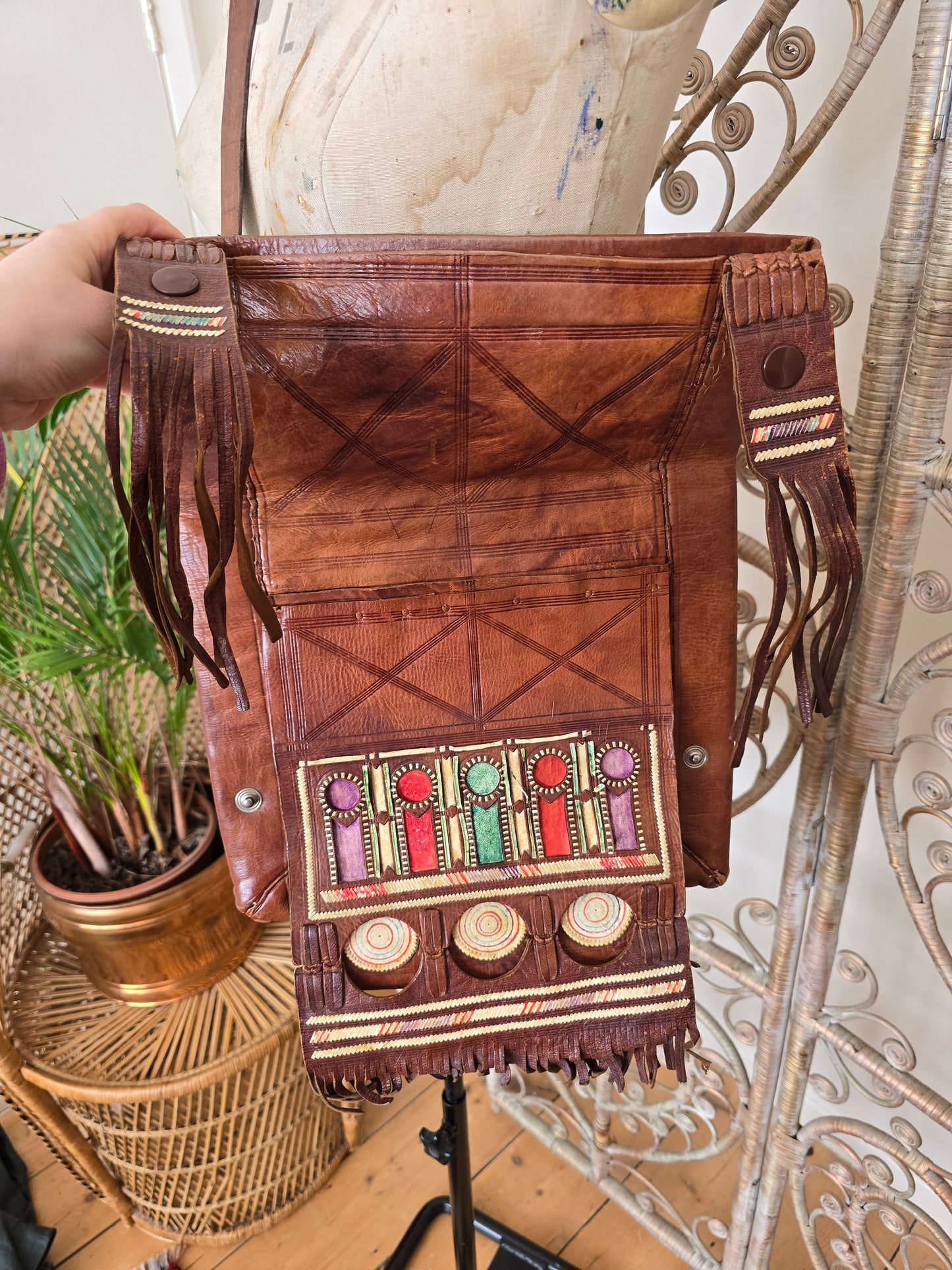 Vintage leather tooled fringe bag