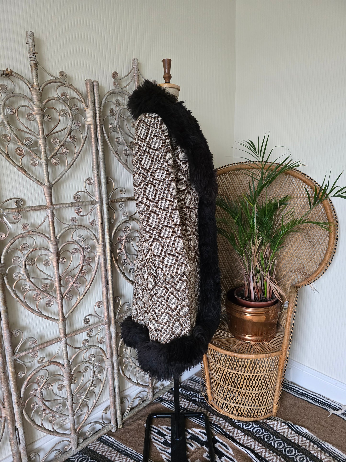 Vintage tapestry sheepskin trim coat