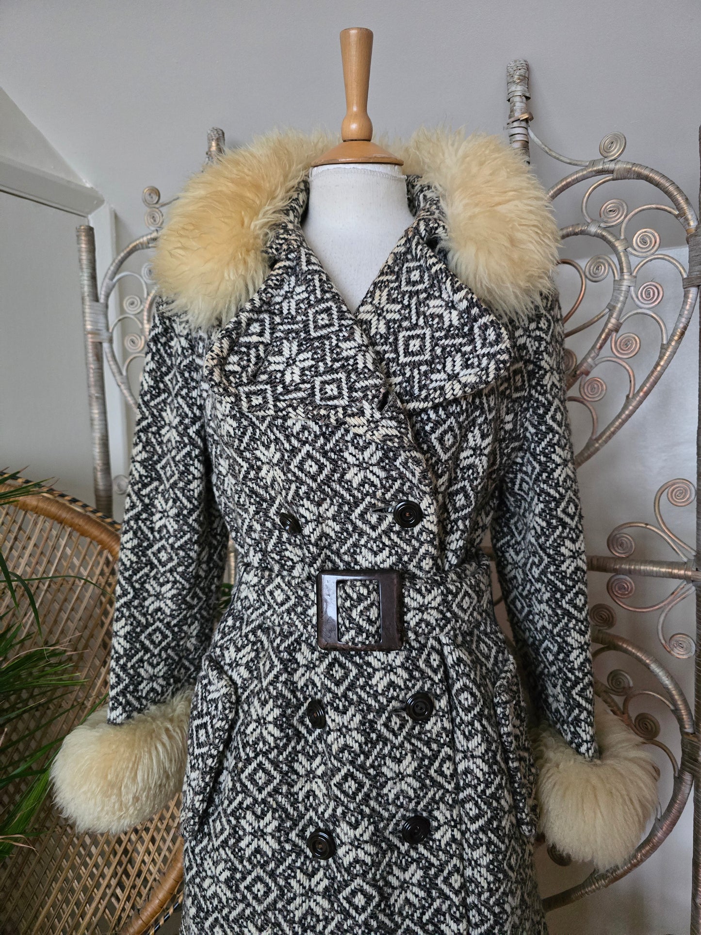 Vintage tapestry sheepskin trim coat