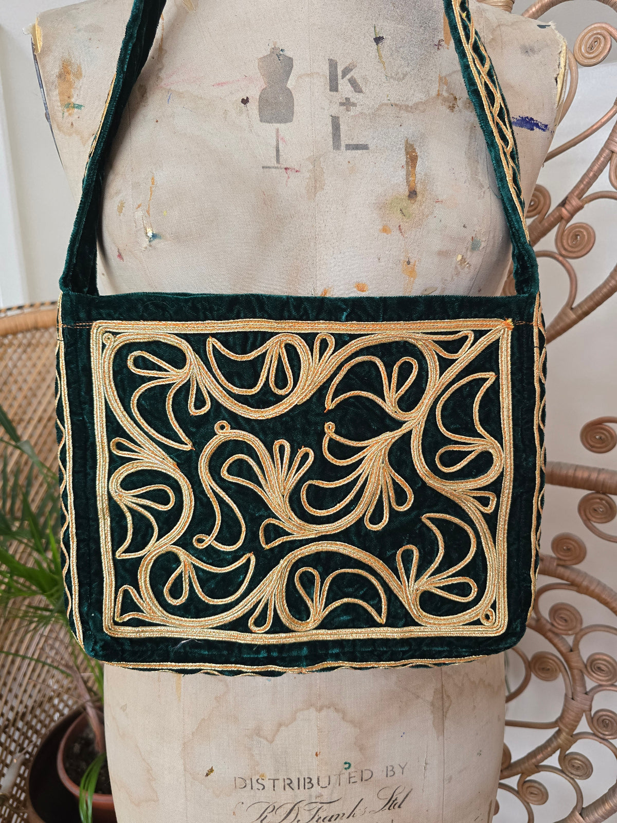 Vintage green gold velvet bag