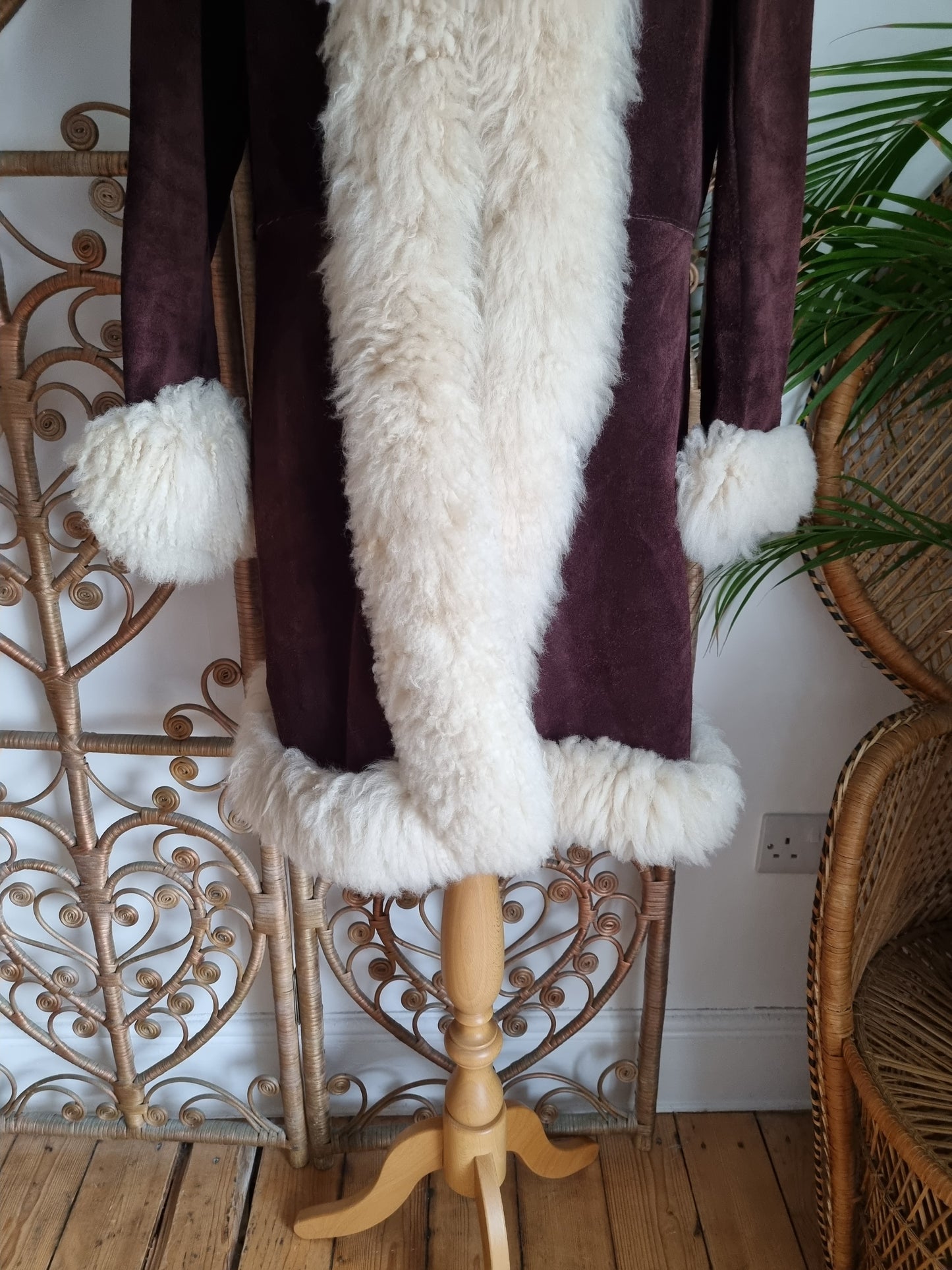 Vintage Sheepskin trim suede hooded 70s coat