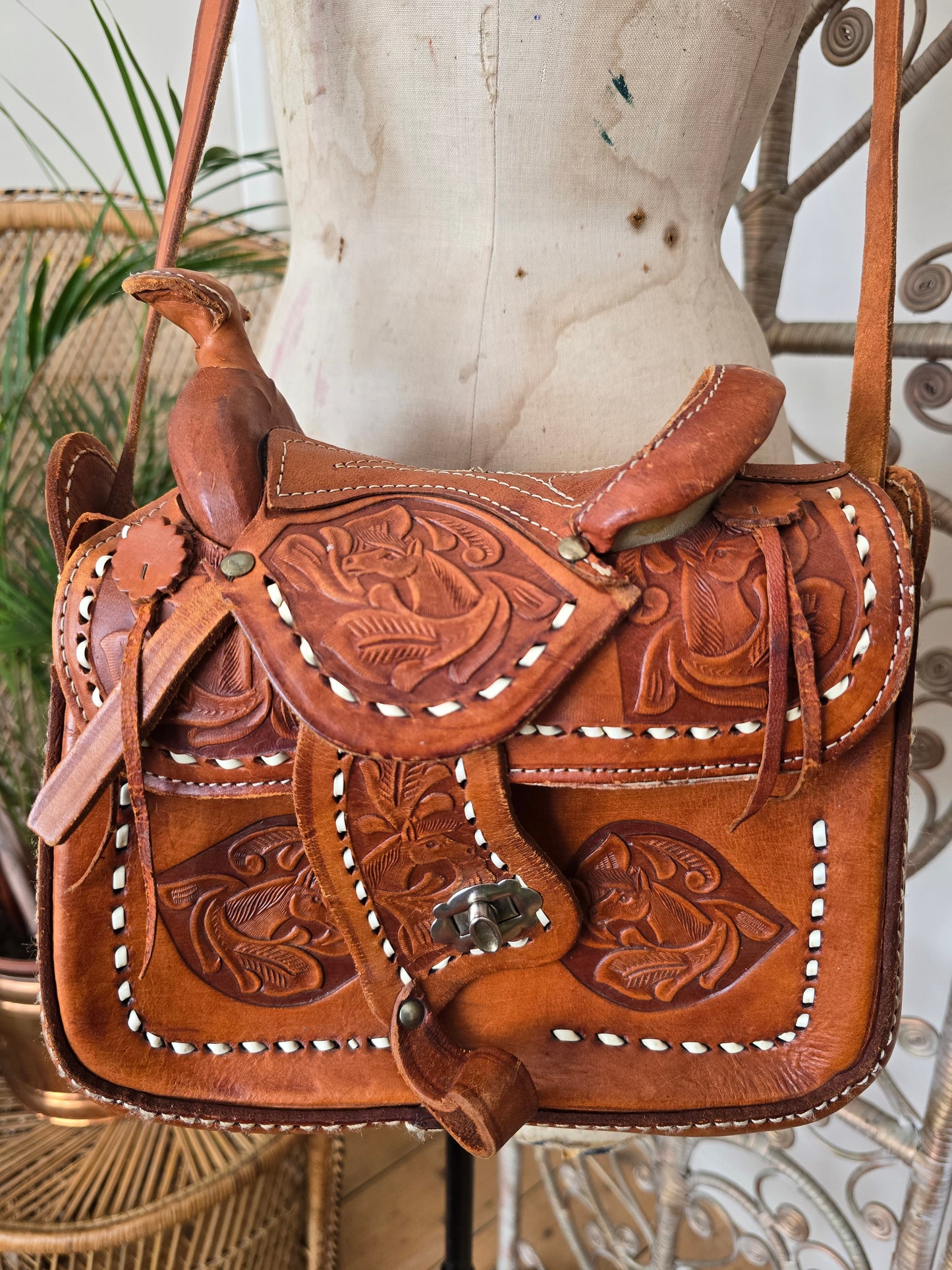 Vintage horse saddle leather tooled bag