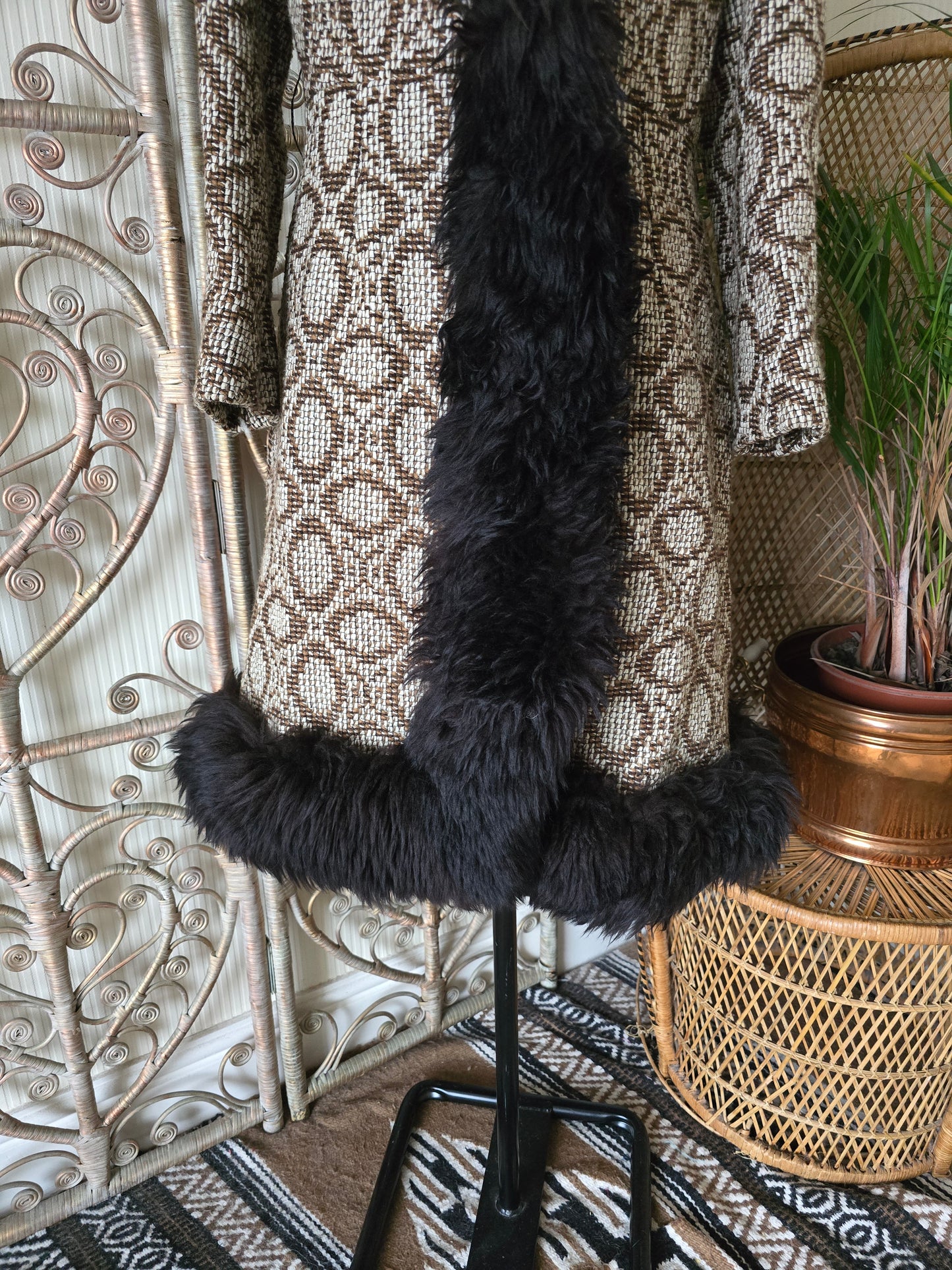 Vintage tapestry sheepskin trim coat