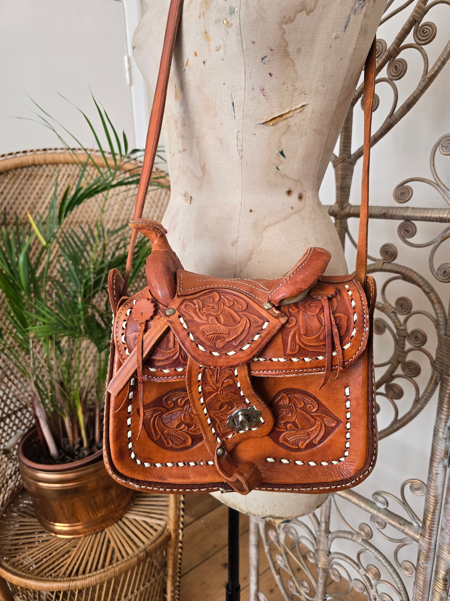 Vintage horse saddle leather tooled bag